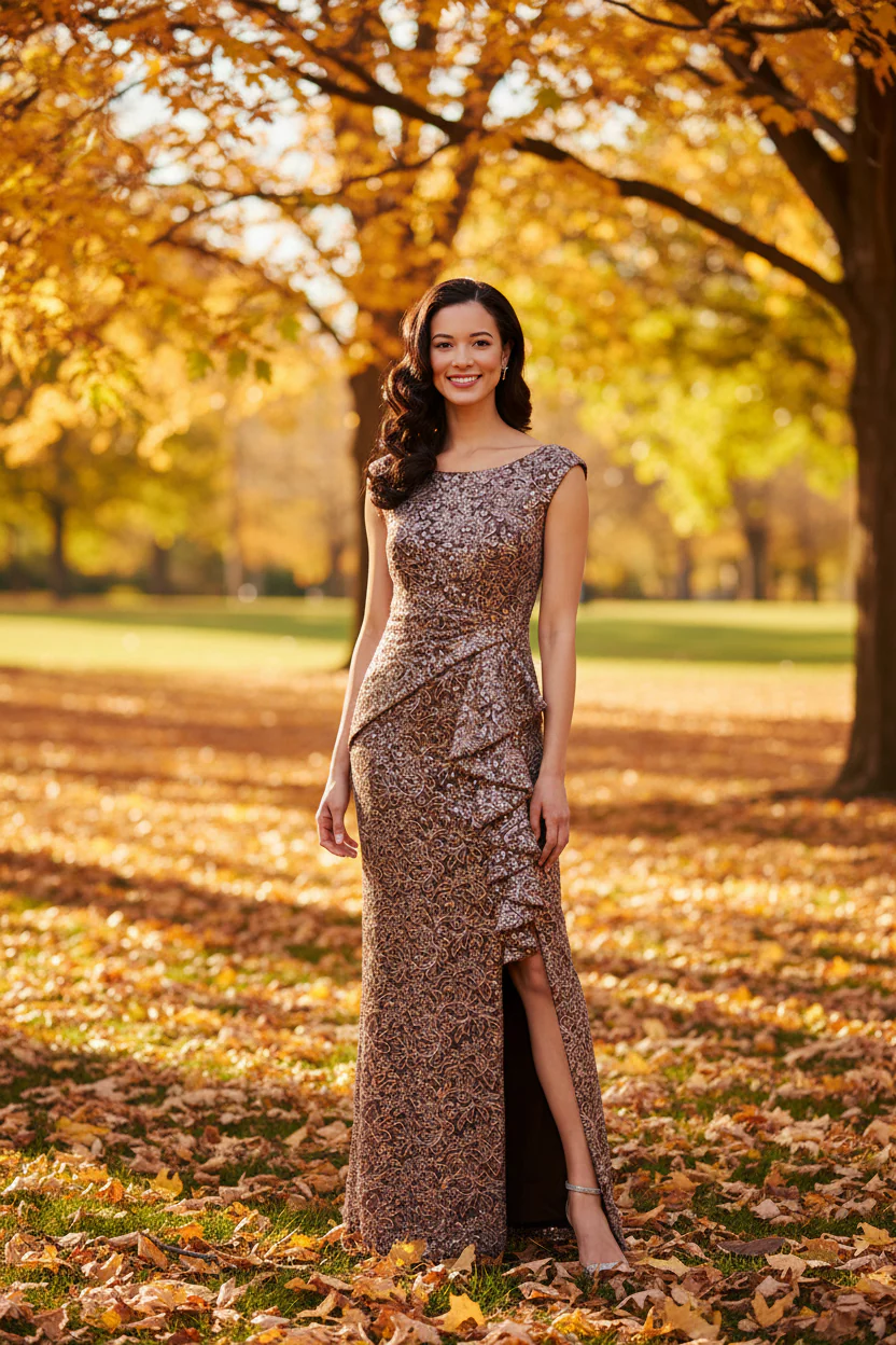 *Long Sleeveless Corded Lace Dress with with Cascade Ruffle Detail and Front Slit - Image 8