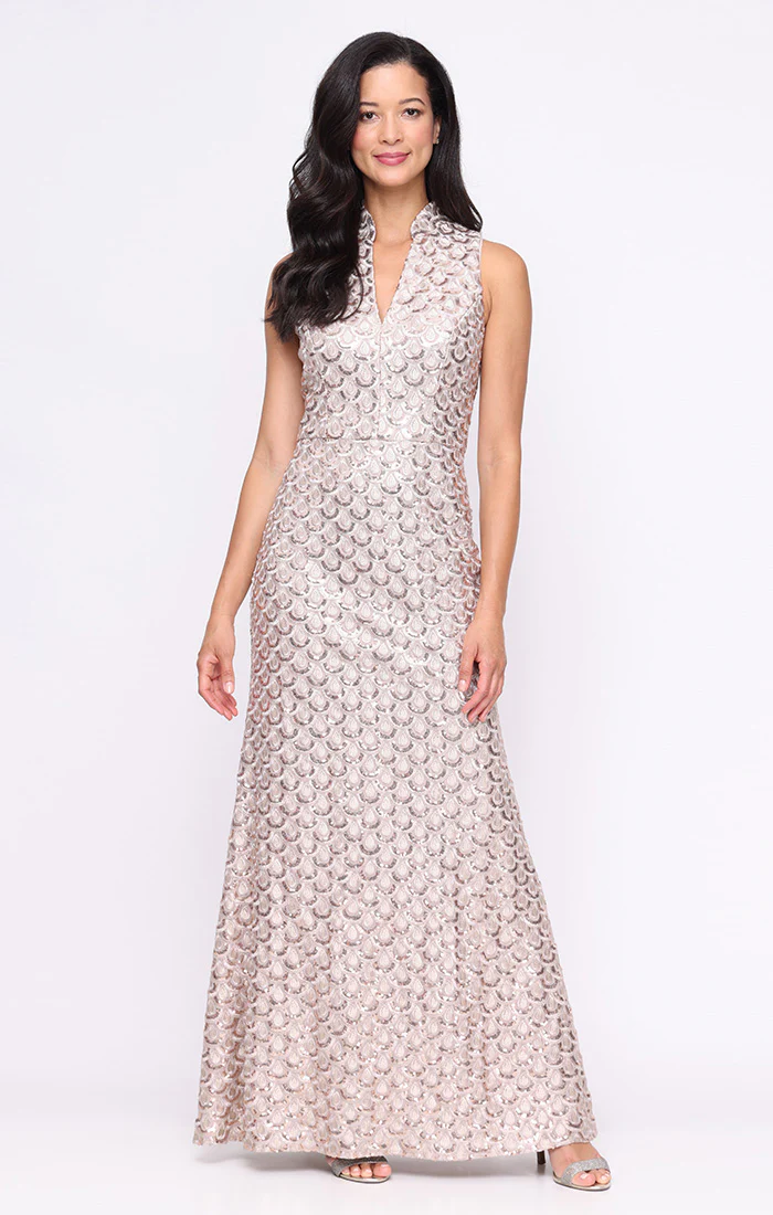 Petite - Embroidered Sequin Gown with Stand Collar