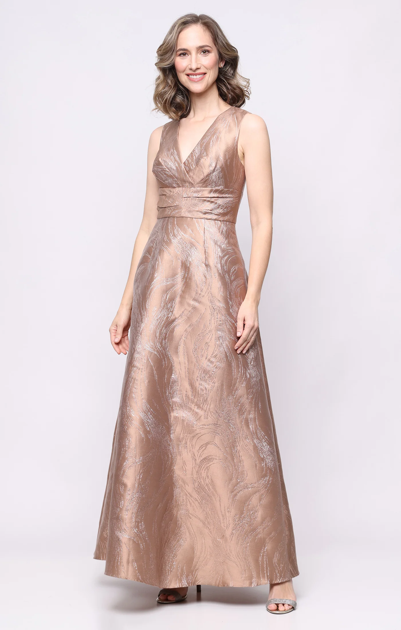 Petite Long Sleeveless Jacquard Gown with Empire Waist