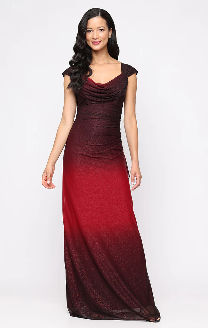Long Sleeveless Ombre Glitter Mesh Dress with Cowl Neckline and Cascade Detail Skirt