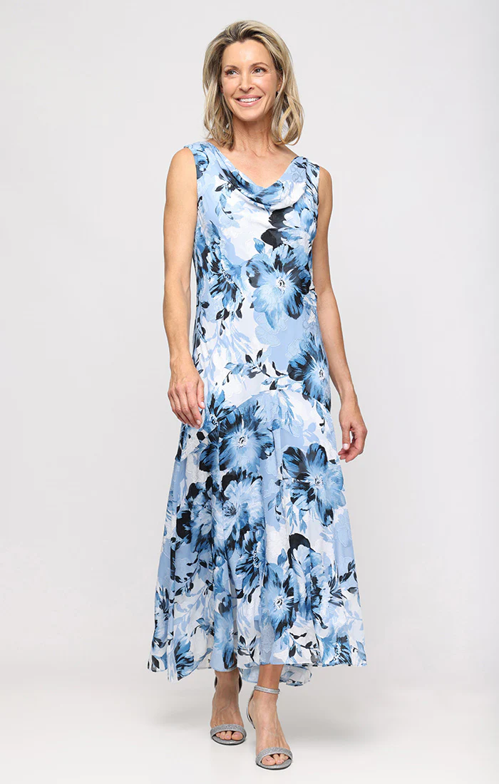 Regular - Sleeveless Printed Burnout Chiffon Dress with Cowl Neckline - Image 3