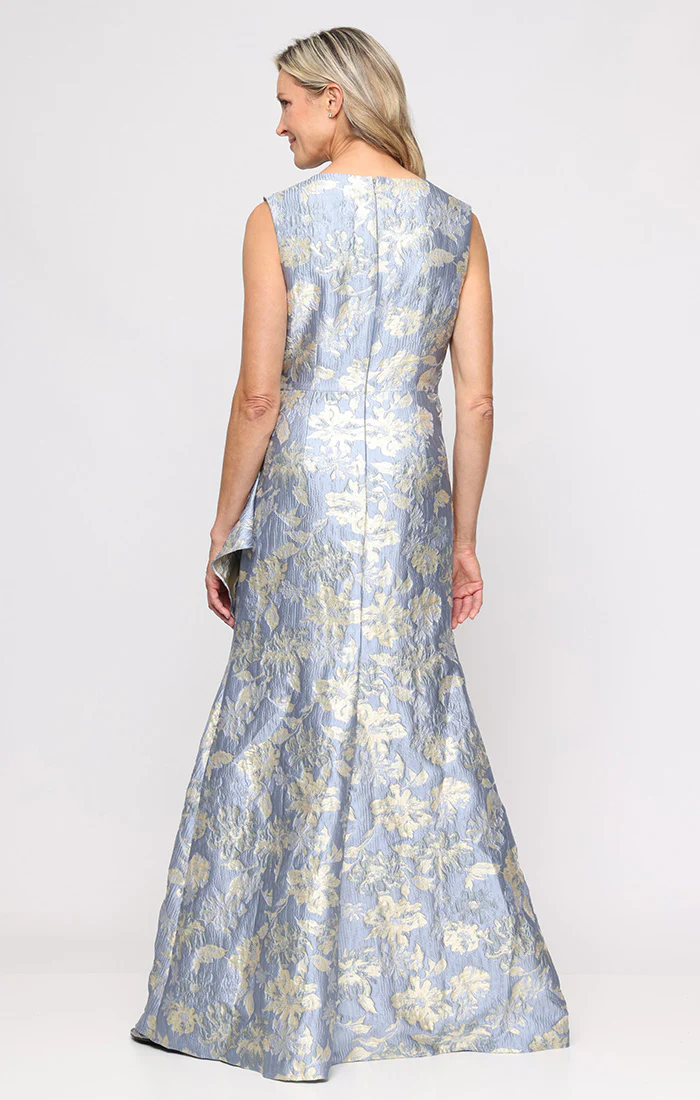 *Long Sleeveless Printed Jacquard Dress with Square Neckline and Cascade Detail Skirt - Image 3