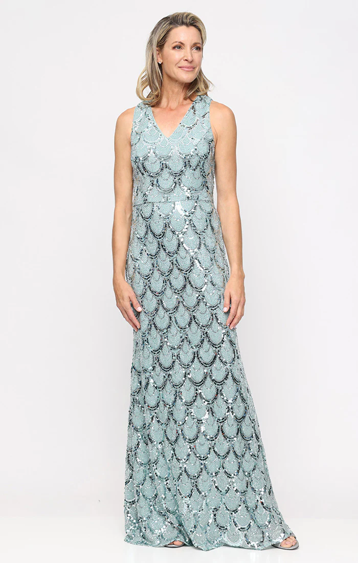 Regular - Long Sleeveless Sequin Dress with V-Neckline