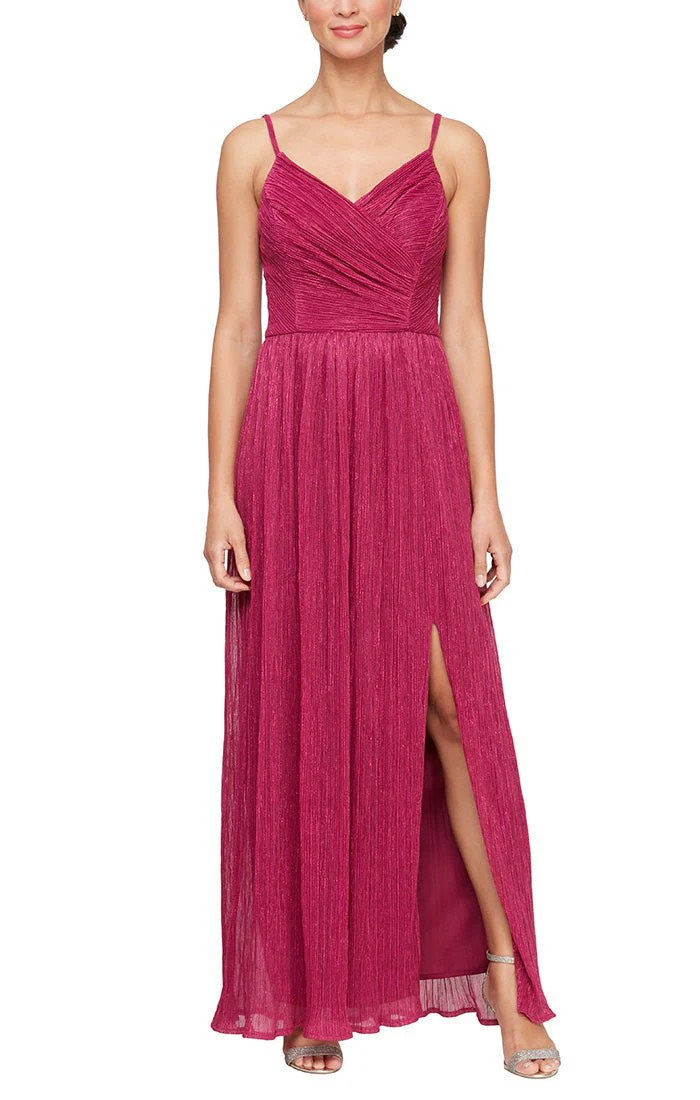 Regular - Long Spaghetti Strap Metallic Knit Gown with Surplice Neckline & Front Slit