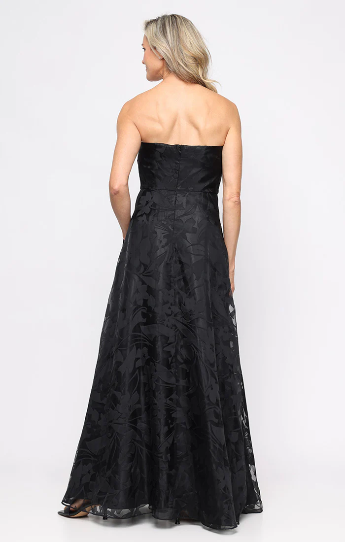 *Long Strapless Burnout Organza Gown with Cascade Detail Skirt and Shawl - Image 3