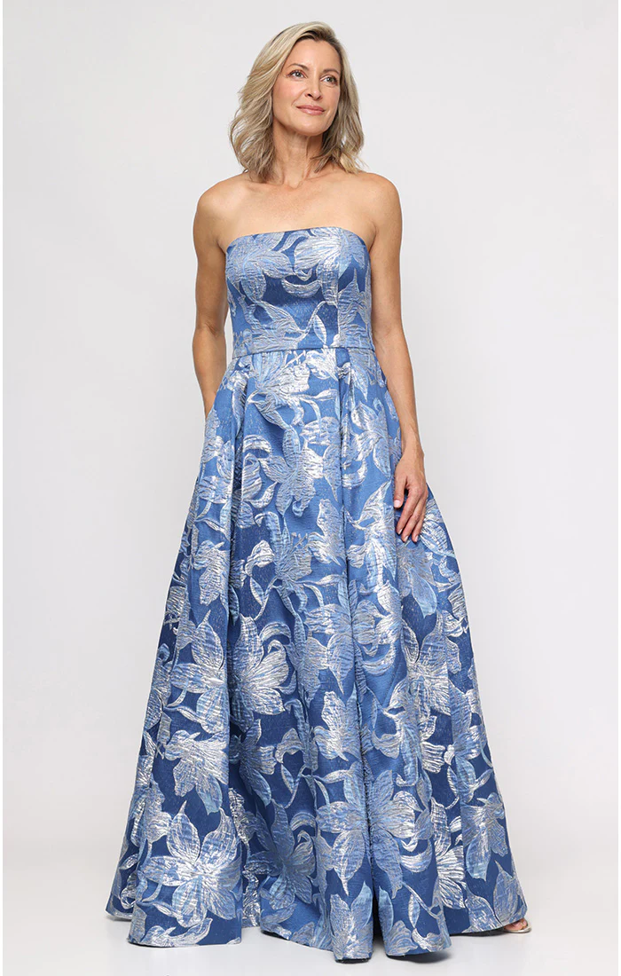 Strapless Printed Jacquard Gown with Shawl - Image 4