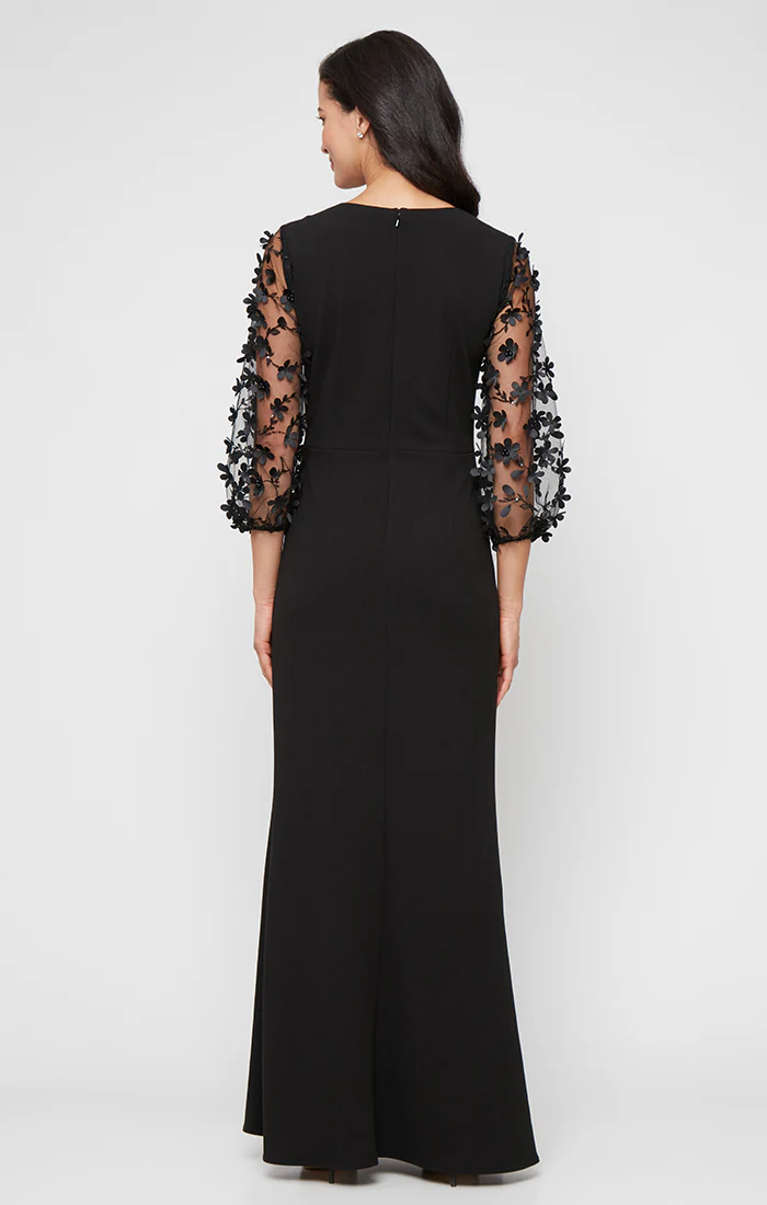 *Long Stretch Crepe Dress with Square Neckline and 3-D Floral Illusion Sleeves - Image 3
