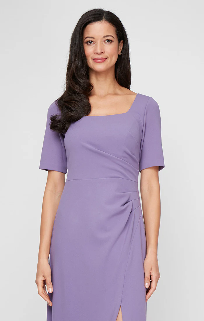 Regular - Stretch Crepe Dress with Square Neckline, Elbow Sleeves and Front Slit - Image 2