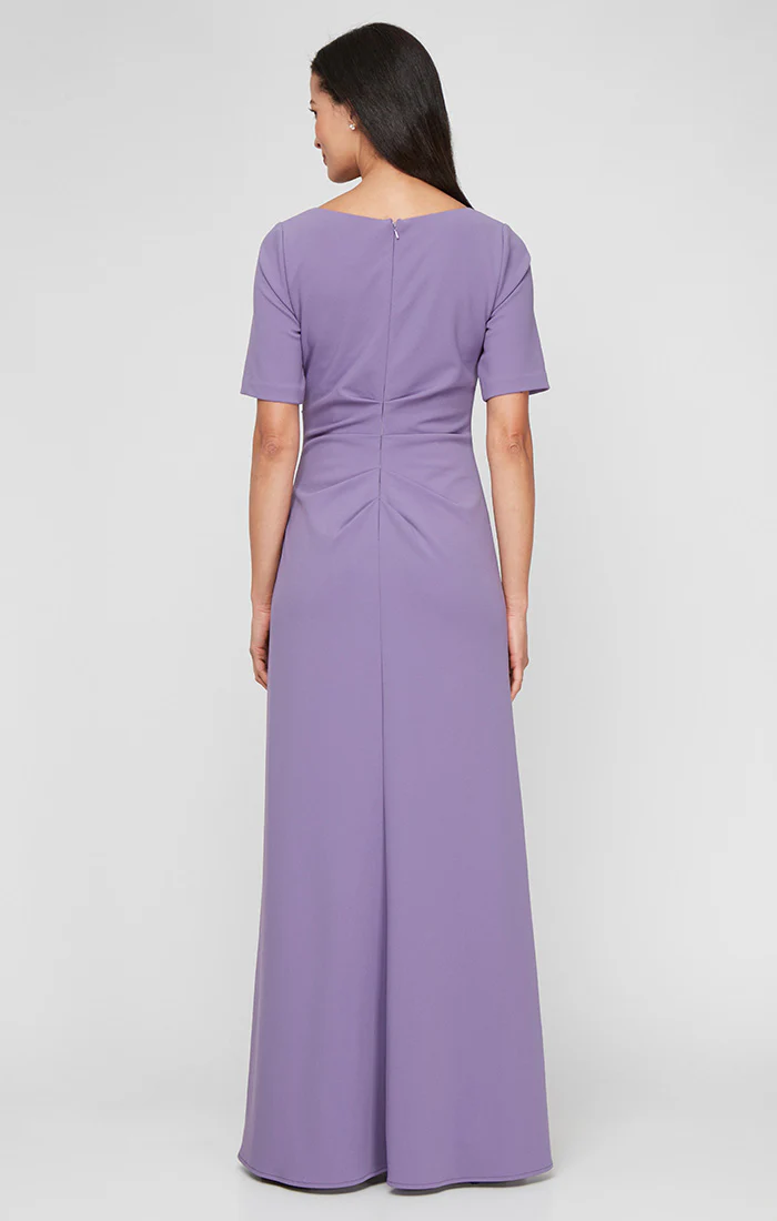 Regular - Stretch Crepe Dress with Square Neckline, Elbow Sleeves and Front Slit - Image 3