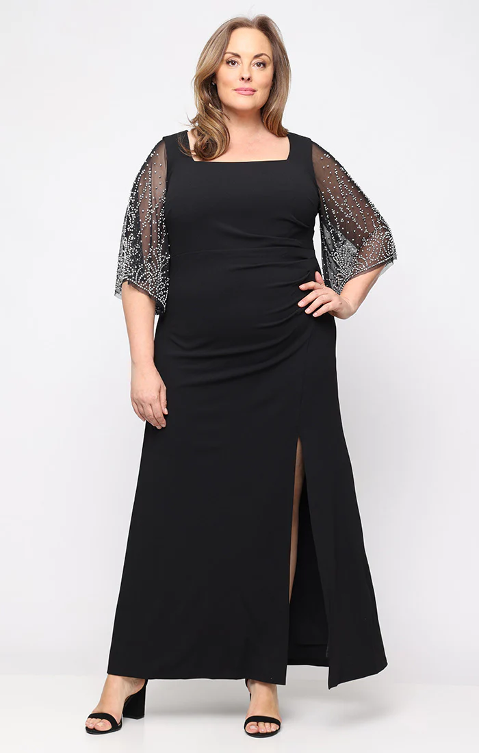 Plus - Crepe Dress with Square Neckline and Embellished Illusion Sleeves