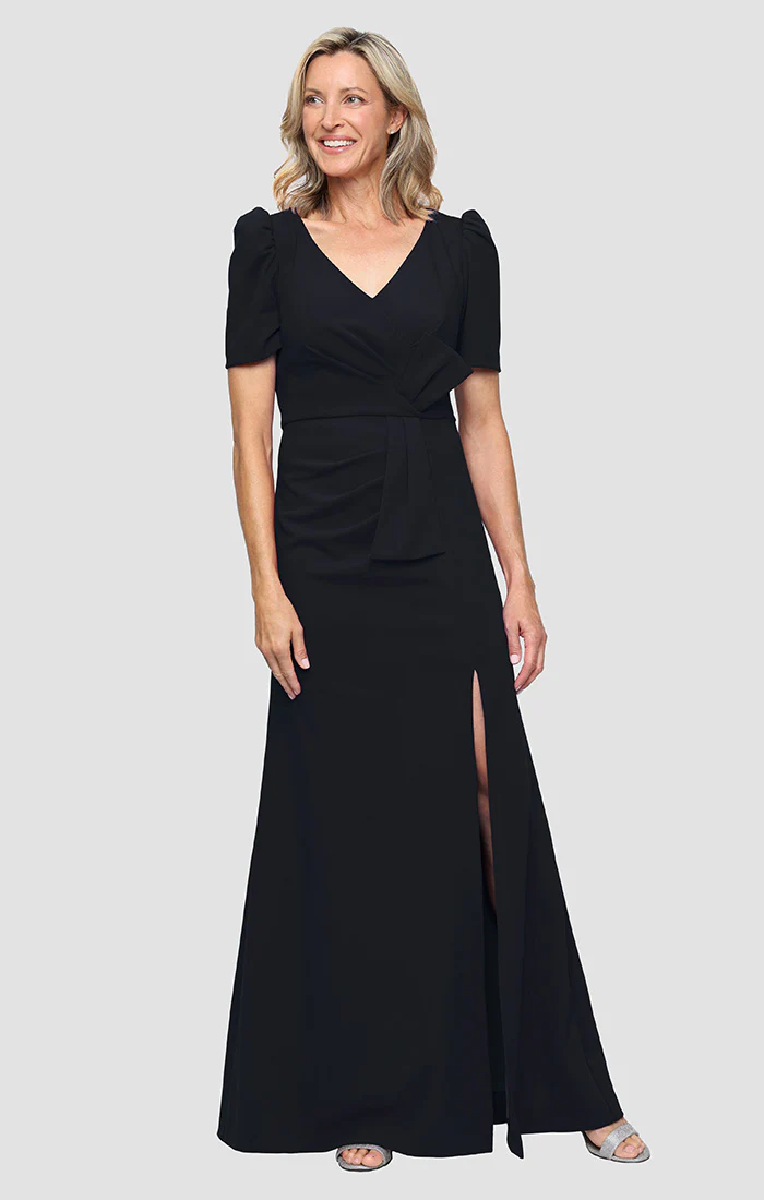 Petite - Stretch Crepe Puff Shoulder Gown