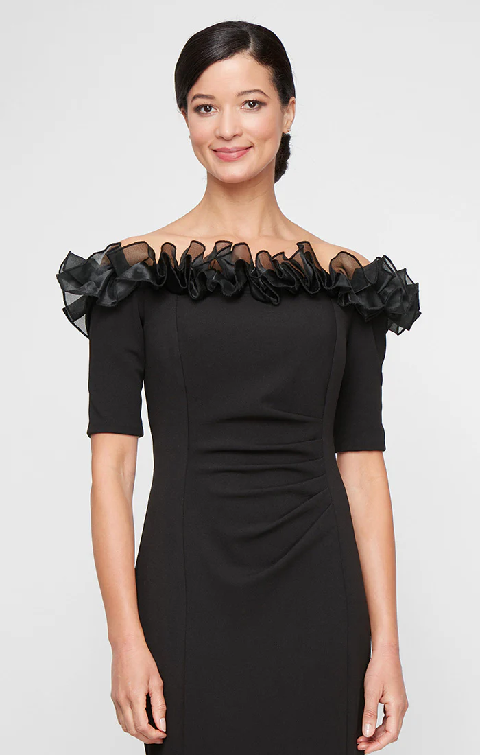 *Stretch Crepe Off the Shoulder Dress with Organza Ruffle Neckline Detail - Image 3