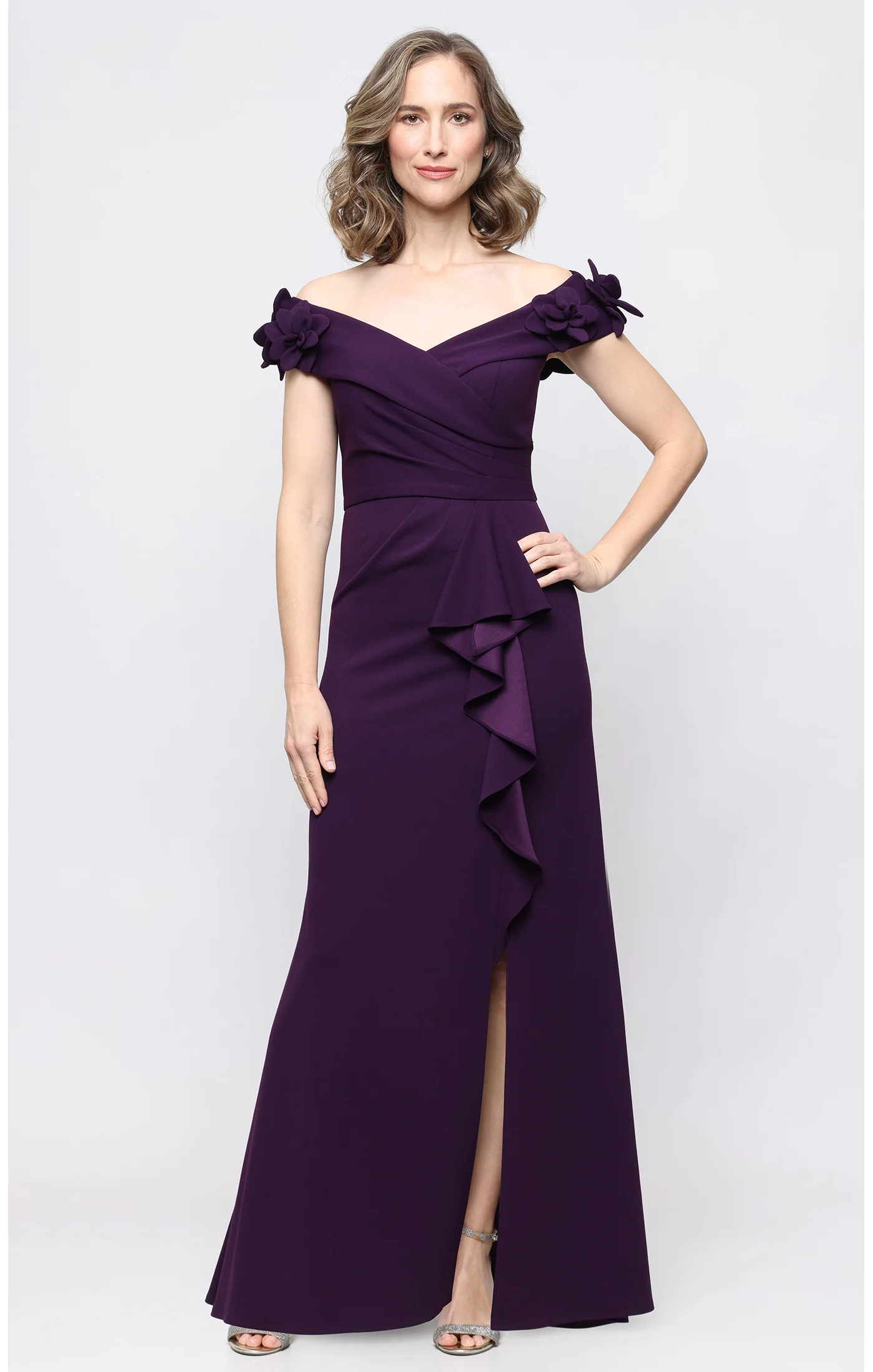 *Long Stretch Crepe Off the Shoulder Dress with 3-D Flower Detail