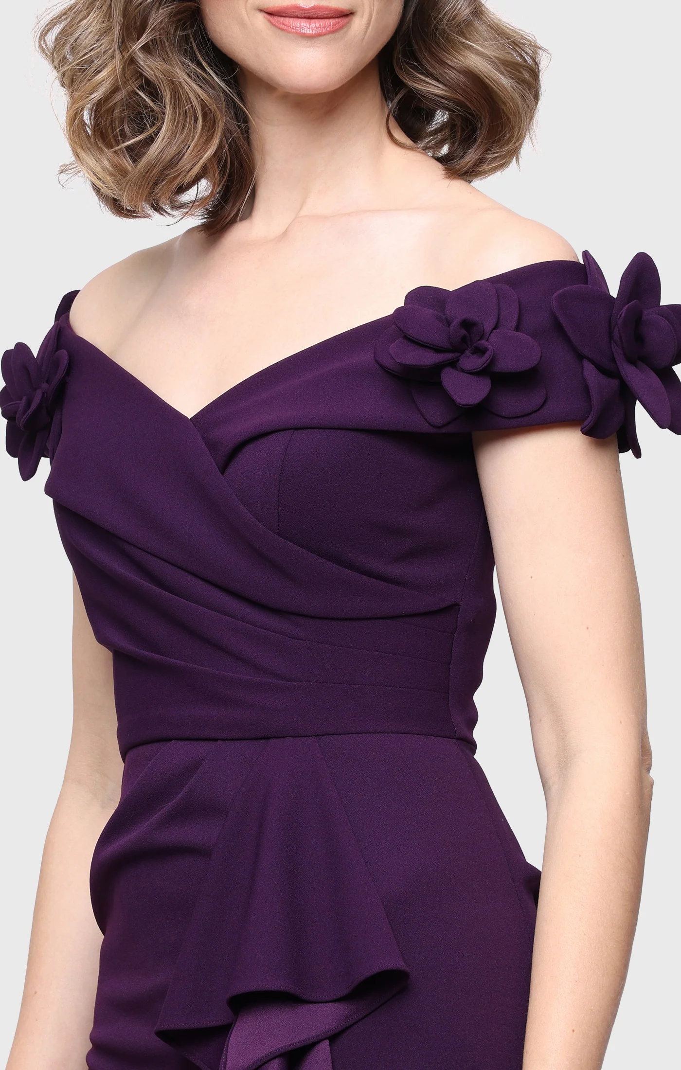 *Long Stretch Crepe Off the Shoulder Dress with 3-D Flower Detail - Image 2