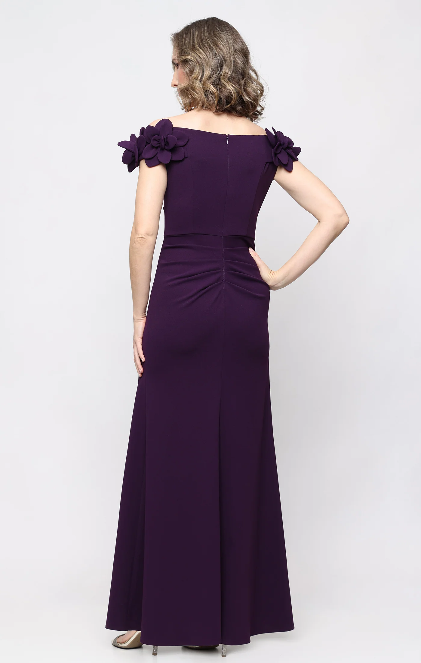 *Long Stretch Crepe Off the Shoulder Dress with 3-D Flower Detail - Image 3