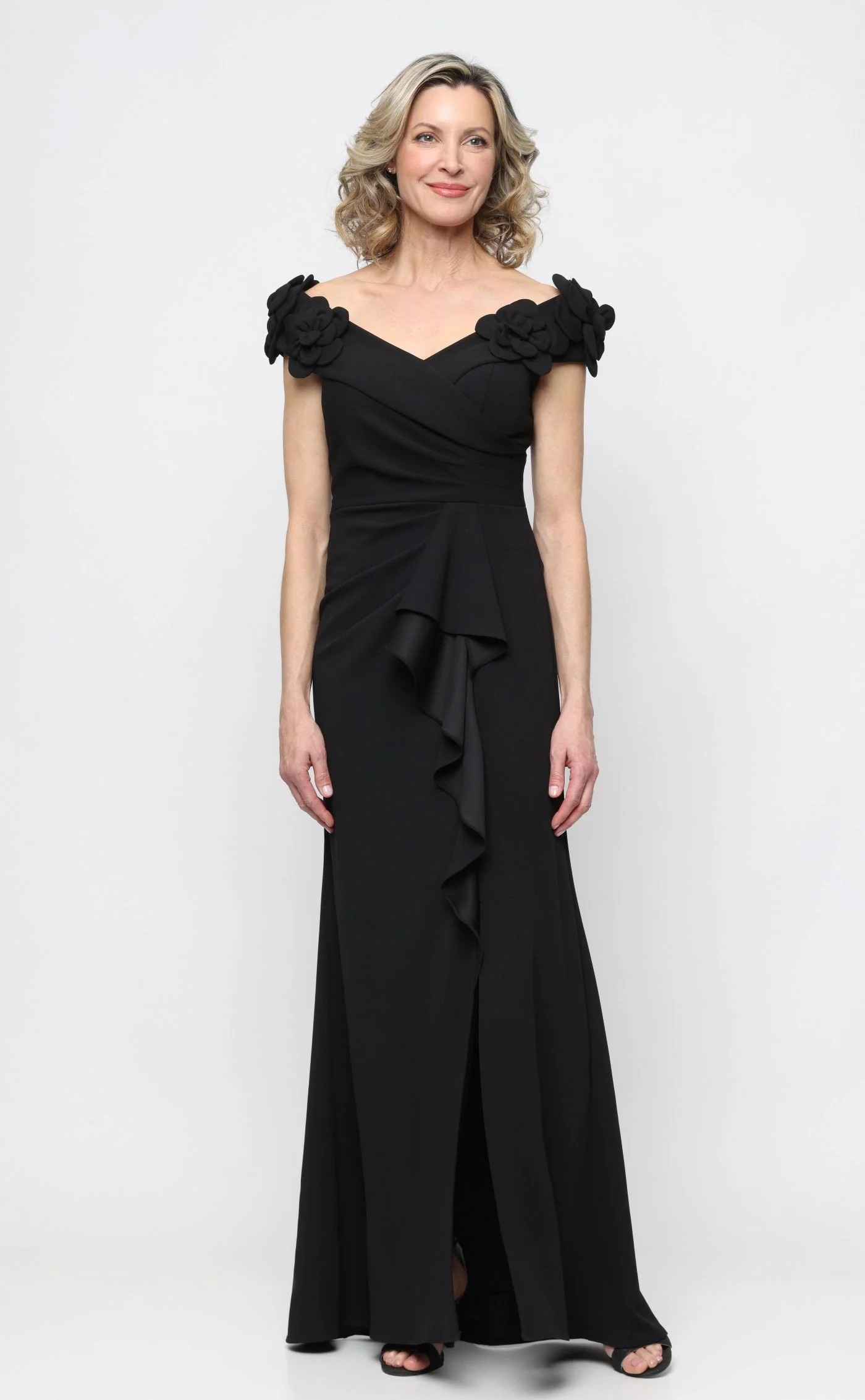 *Long Stretch Crepe Off the Shoulder Dress with 3-D Flower Detail - Image 4