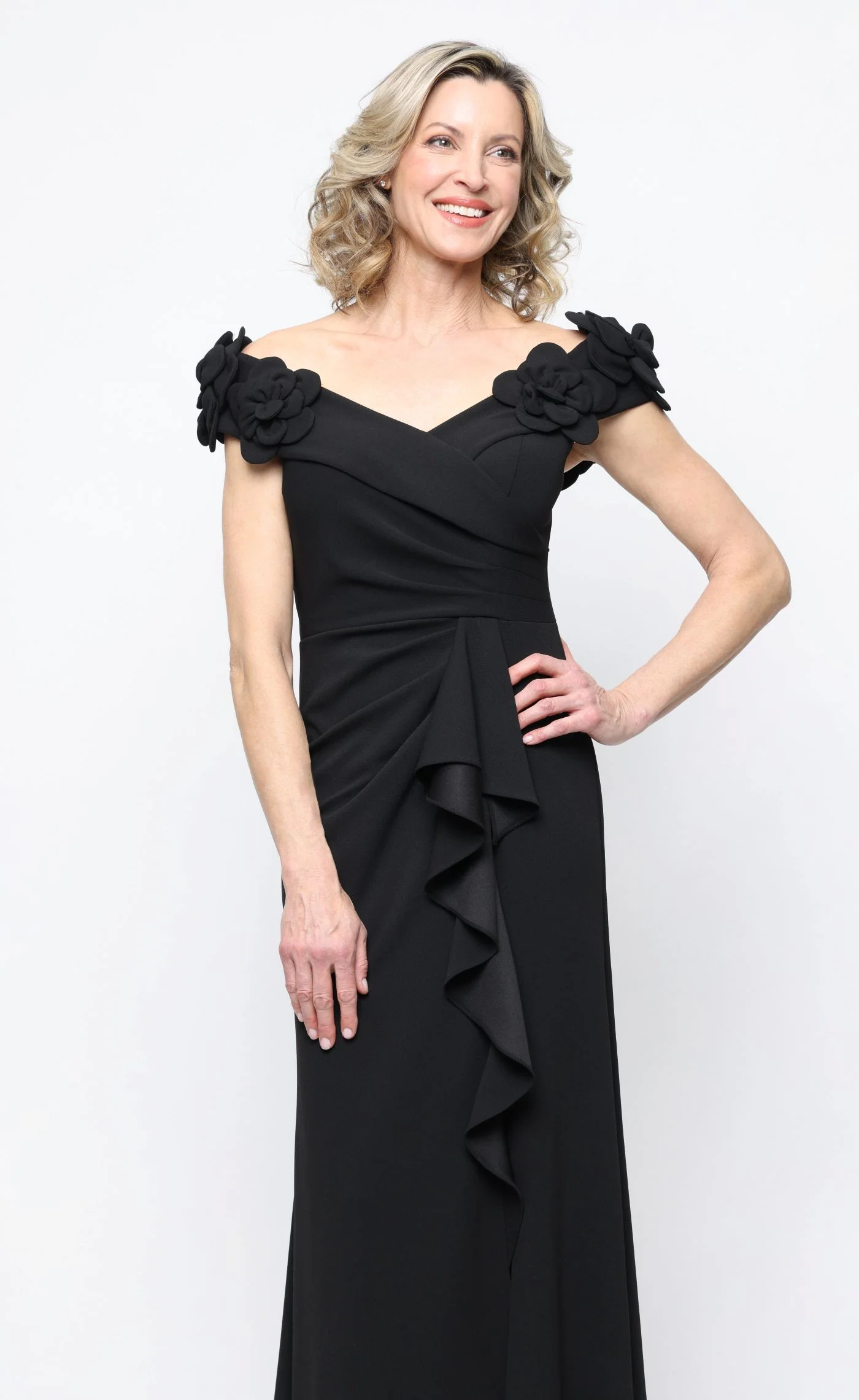 *Long Stretch Crepe Off the Shoulder Dress with 3-D Flower Detail - Image 5