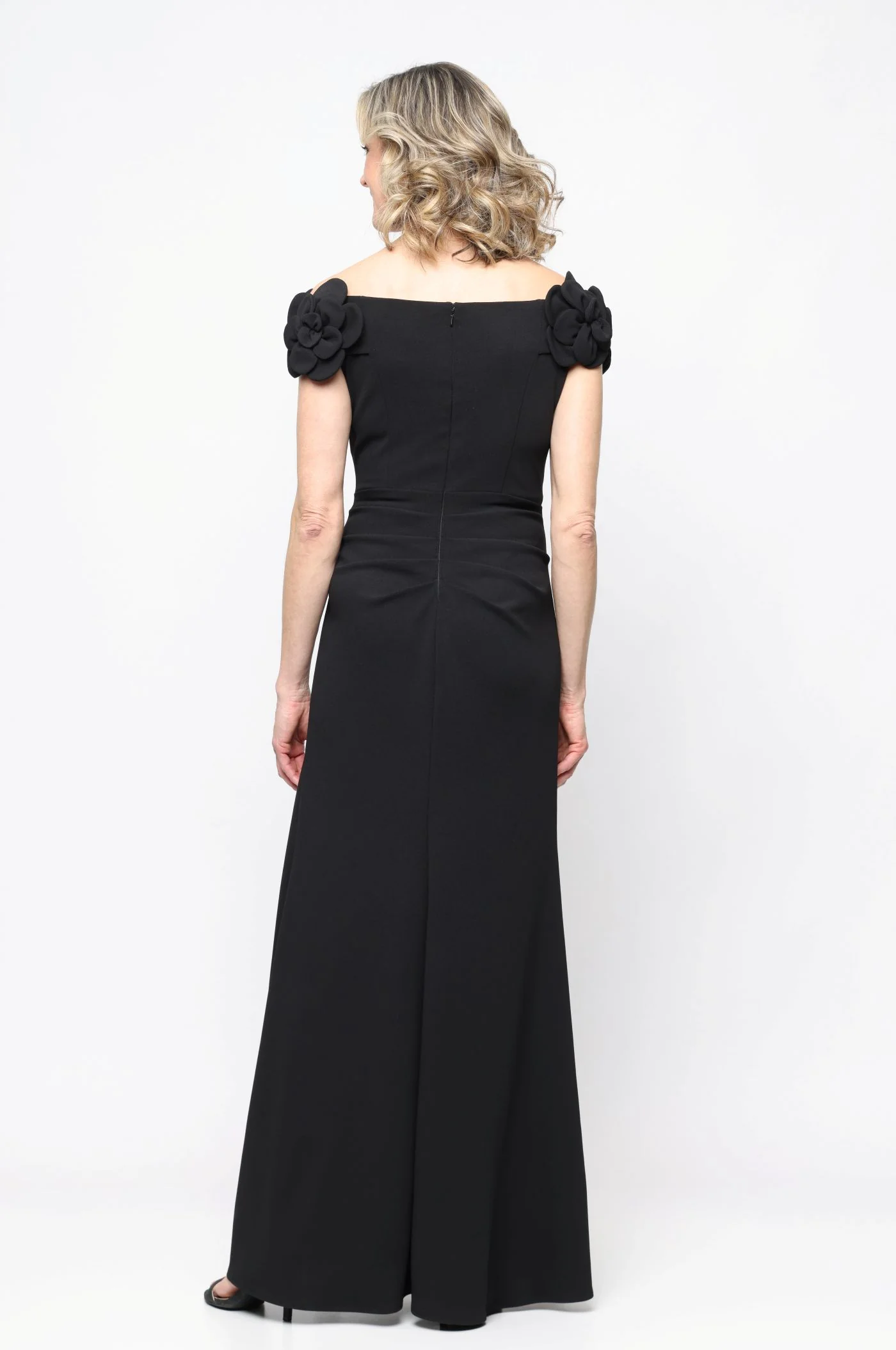 *Long Stretch Crepe Off the Shoulder Dress with 3-D Flower Detail - Image 6