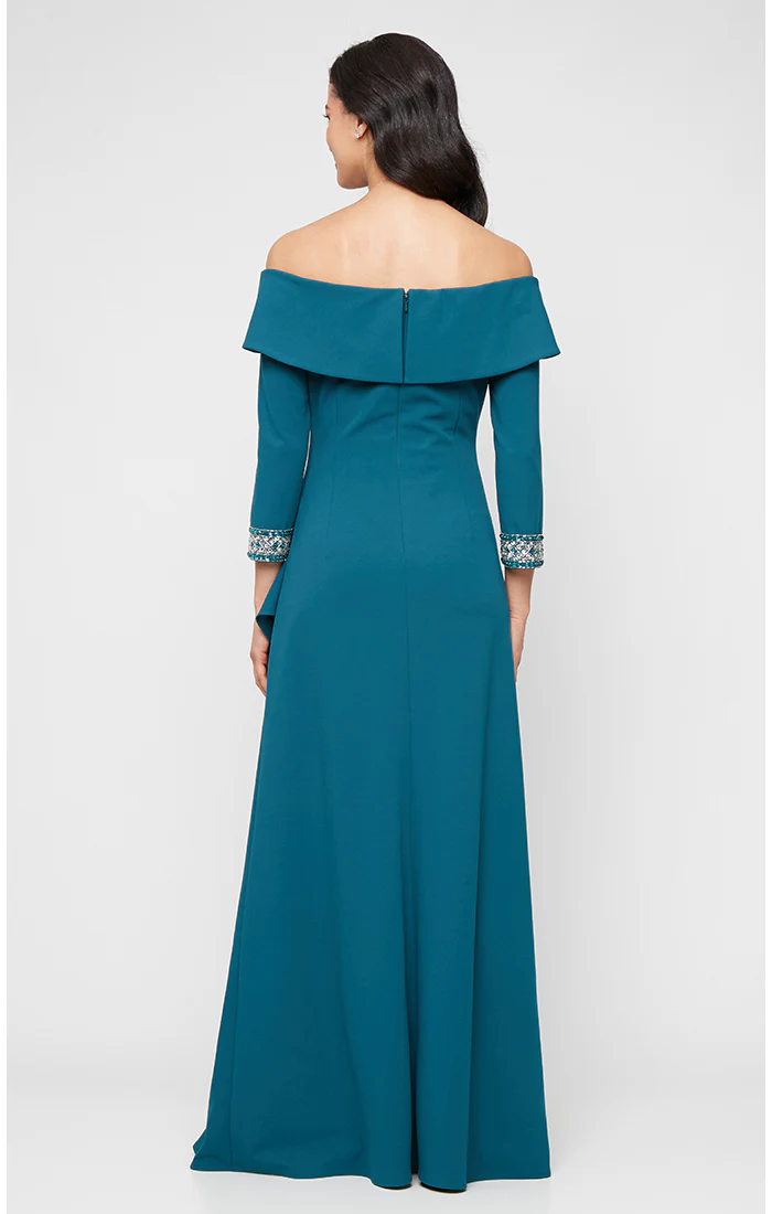 *Long Stretch Crepe Off the Shoulder Dress with Foldover Cuff Neckline, Beaded Sleeve Detail and Cascade Ruffle Skirt - Image 3