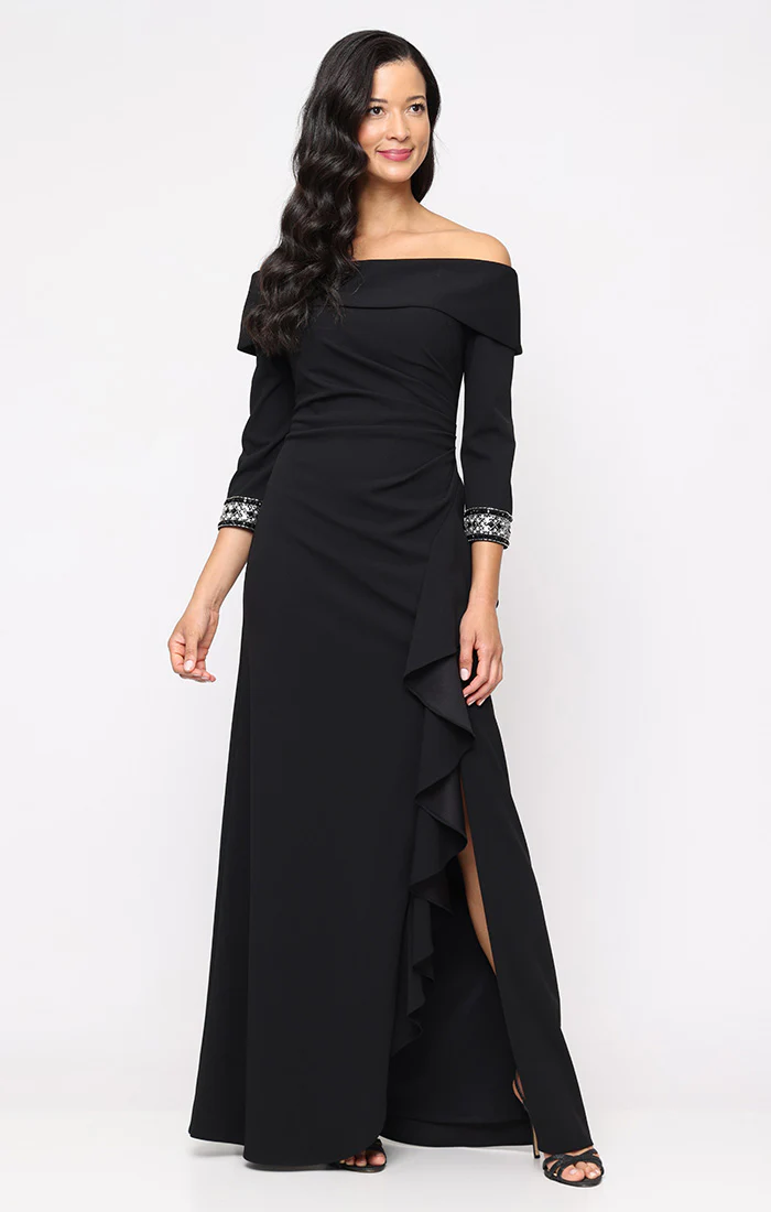 *Long Stretch Crepe Off the Shoulder Dress with Foldover Cuff Neckline, Beaded Sleeve Detail and Cascade Ruffle Skirt - Image 4