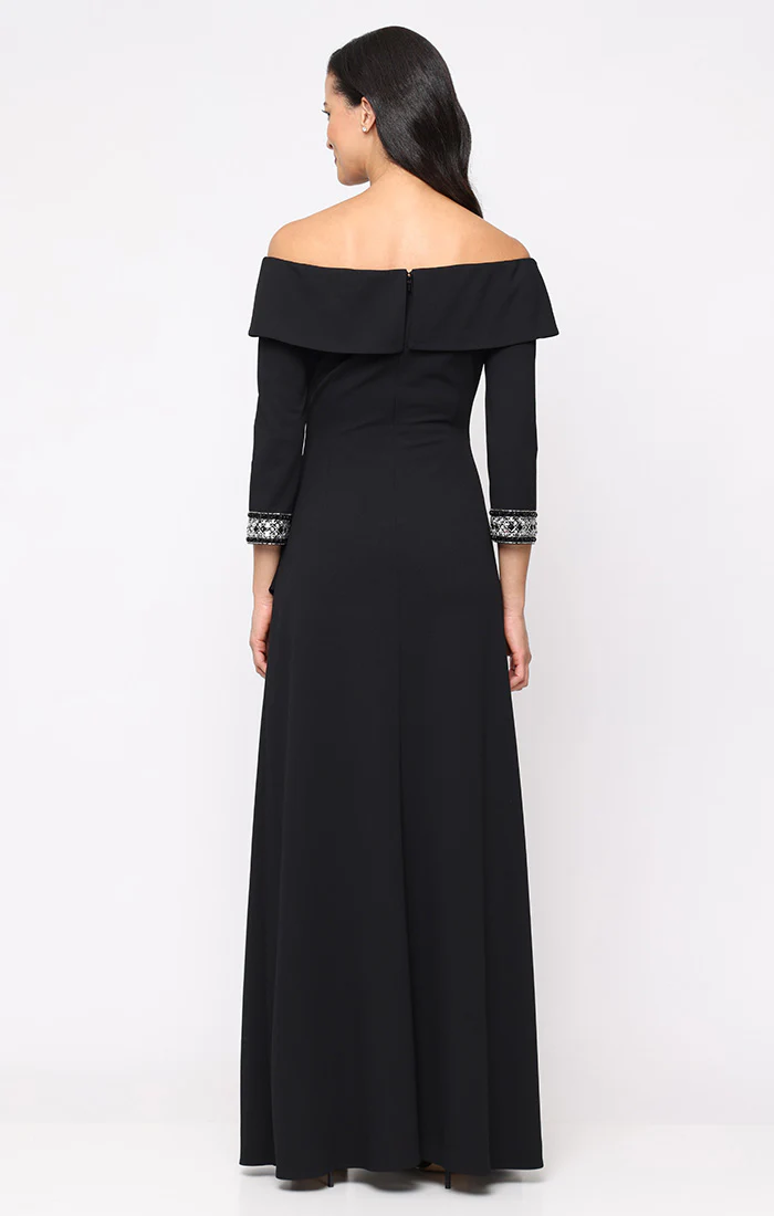 *Long Stretch Crepe Off the Shoulder Dress with Foldover Cuff Neckline, Beaded Sleeve Detail and Cascade Ruffle Skirt - Image 6