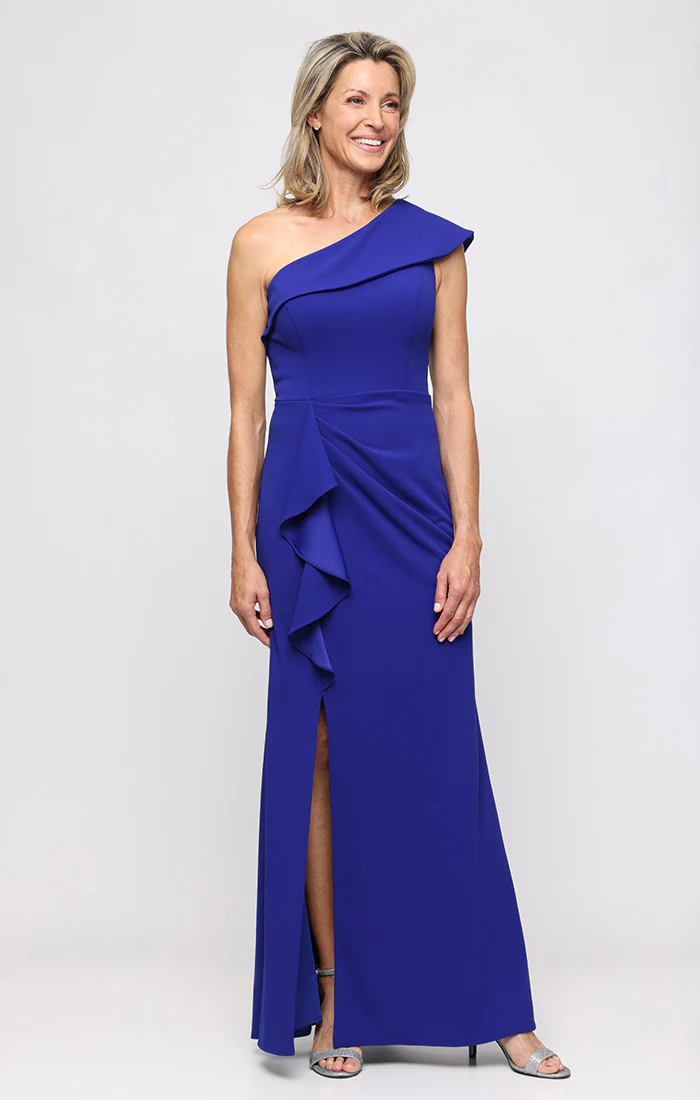 *Long Stretch Crepe One Shoulder Dress with Cascade Peplum Waist Detail - Image 3