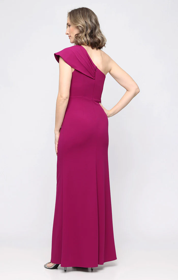 *Long Stretch Crepe One Shoulder Dress with Cascade Peplum Waist Detail - Image 4