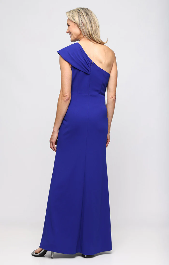 *Long Stretch Crepe One Shoulder Dress with Cascade Peplum Waist Detail - Image 6