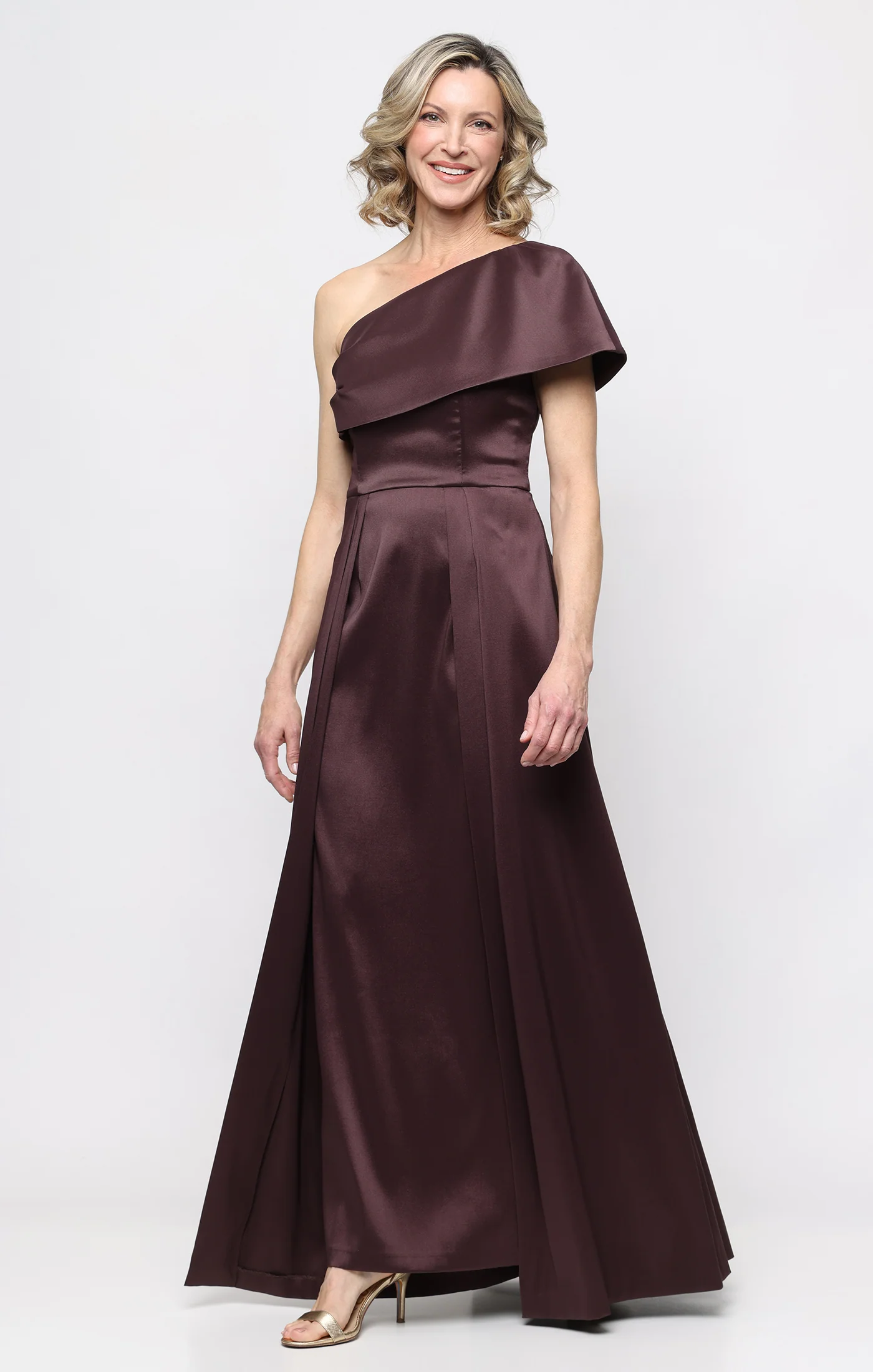 *Long Stretch Mikado One Shoulder Dress with Foldover Neckline