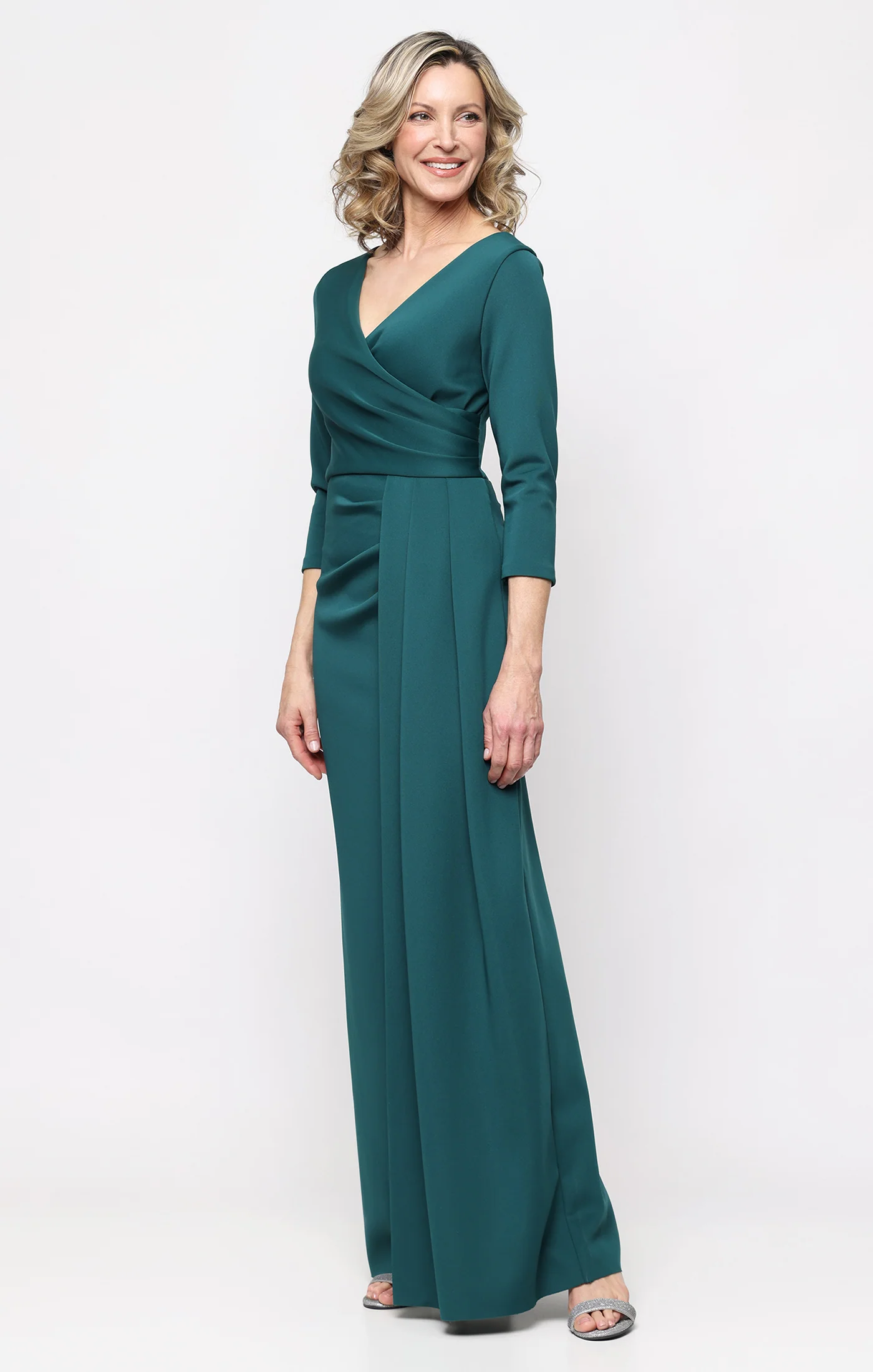 *Long Stretch Scuba Crepe Dress with Gathered Skirt Detail and 3/4 Sleeves