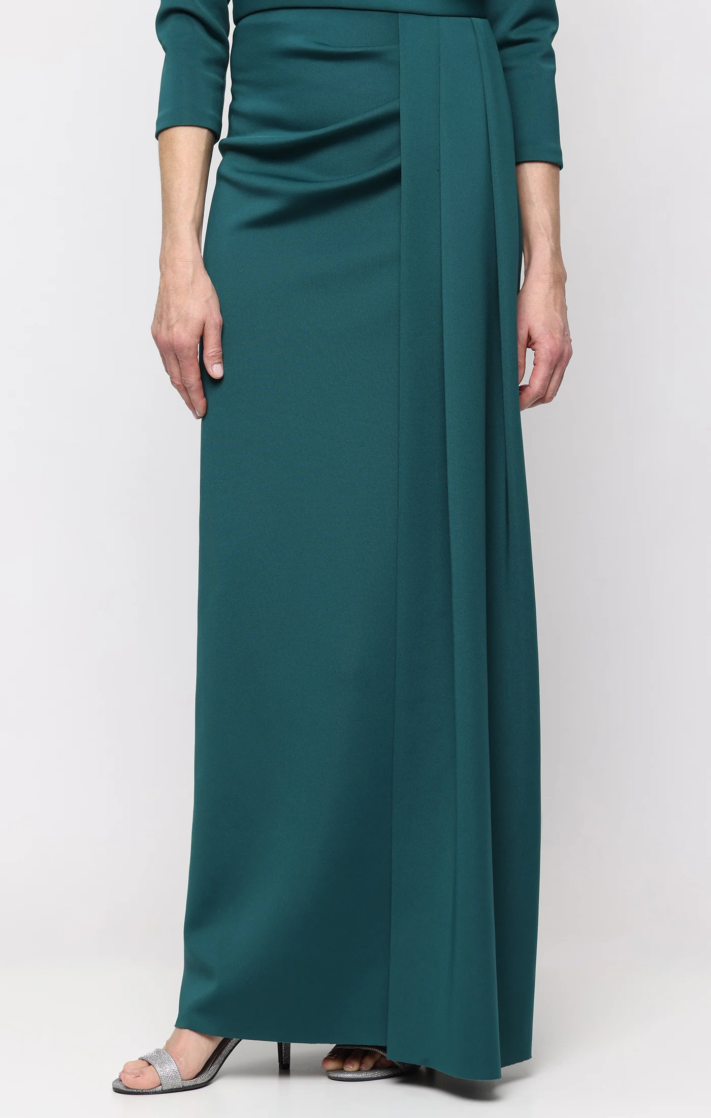 *Long Stretch Scuba Crepe Dress with Gathered Skirt Detail and 3/4 Sleeves - Image 2