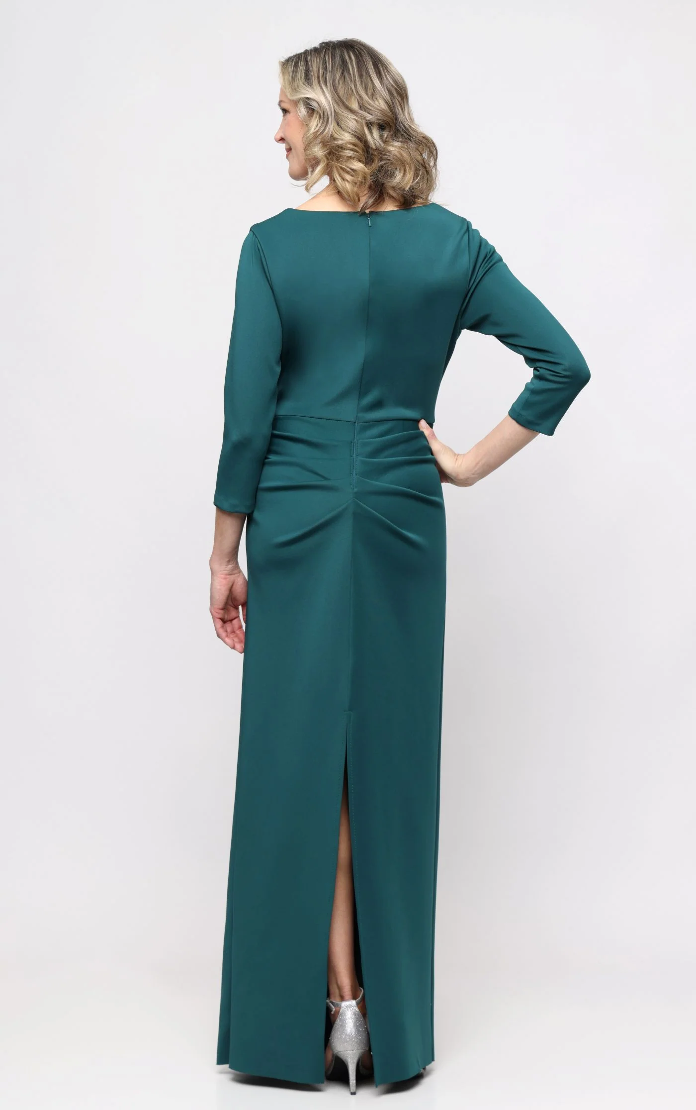 *Long Stretch Scuba Crepe Dress with Gathered Skirt Detail and 3/4 Sleeves - Image 3
