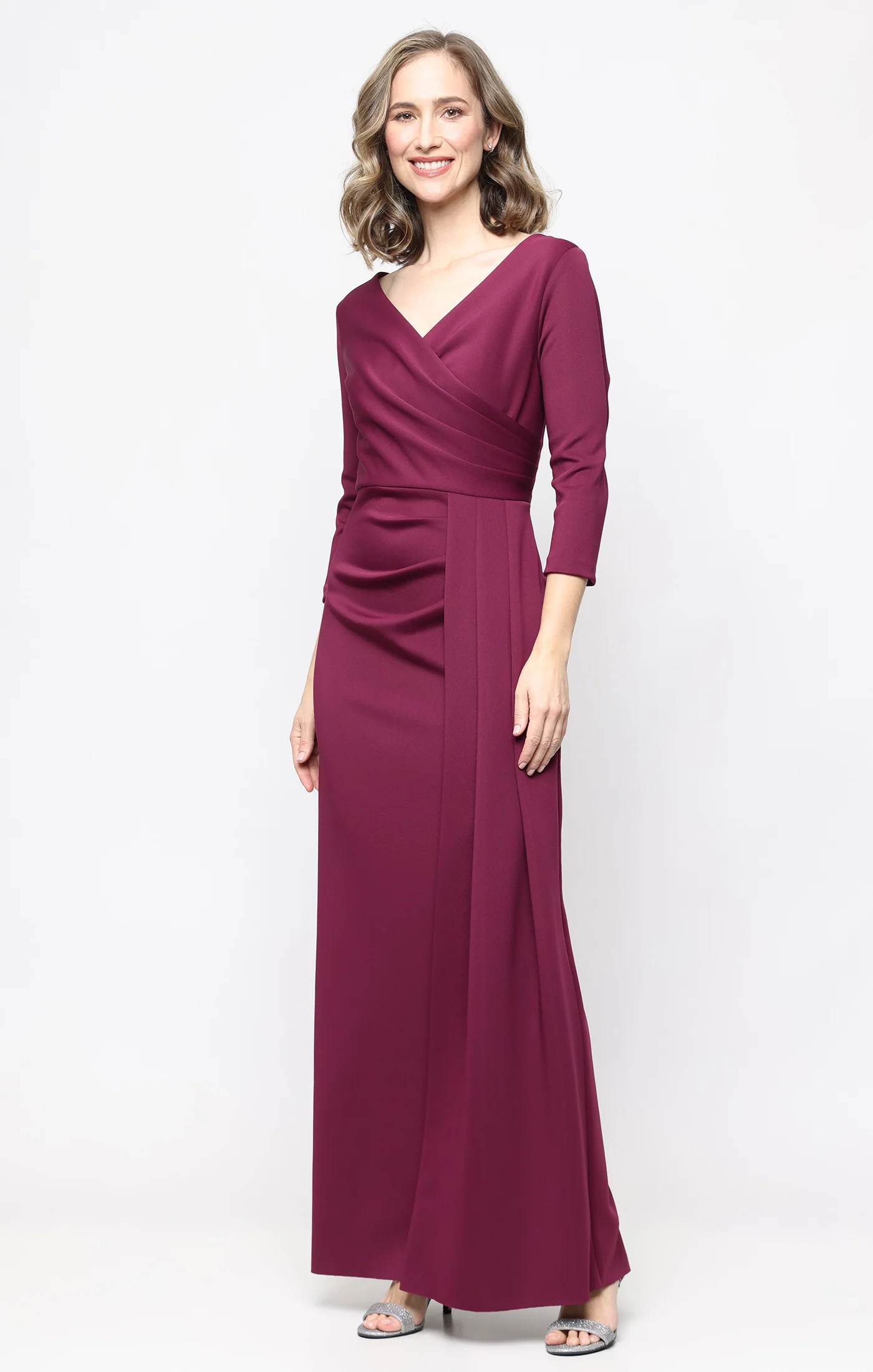 *Long Stretch Scuba Crepe Dress with Gathered Skirt Detail and 3/4 Sleeves - Image 4