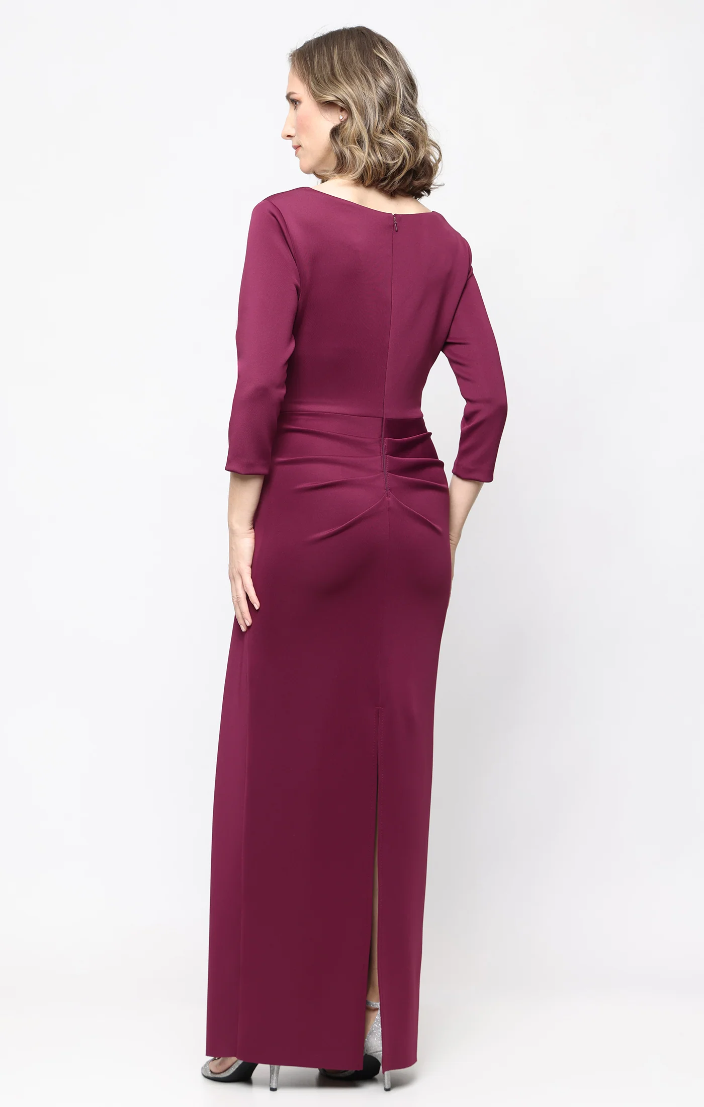 *Long Stretch Scuba Crepe Dress with Gathered Skirt Detail and 3/4 Sleeves - Image 6