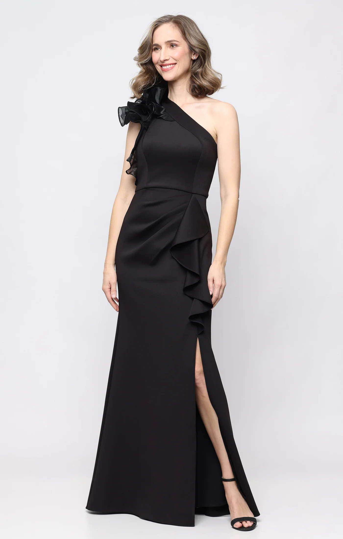 *Long Stretch Scuba One Shoulder Dress with Dramatic Ruffle Detail