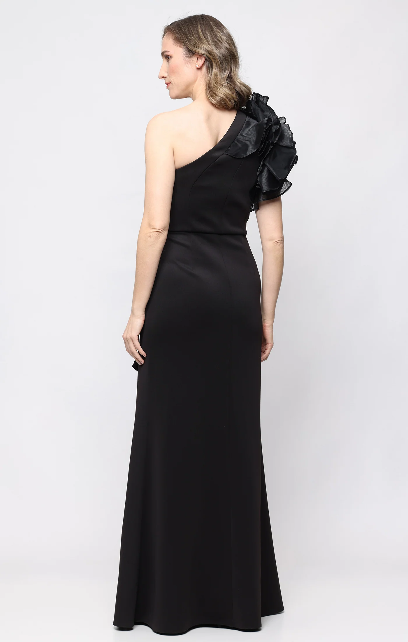 *Long Stretch Scuba One Shoulder Dress with Dramatic Ruffle Detail - Image 3