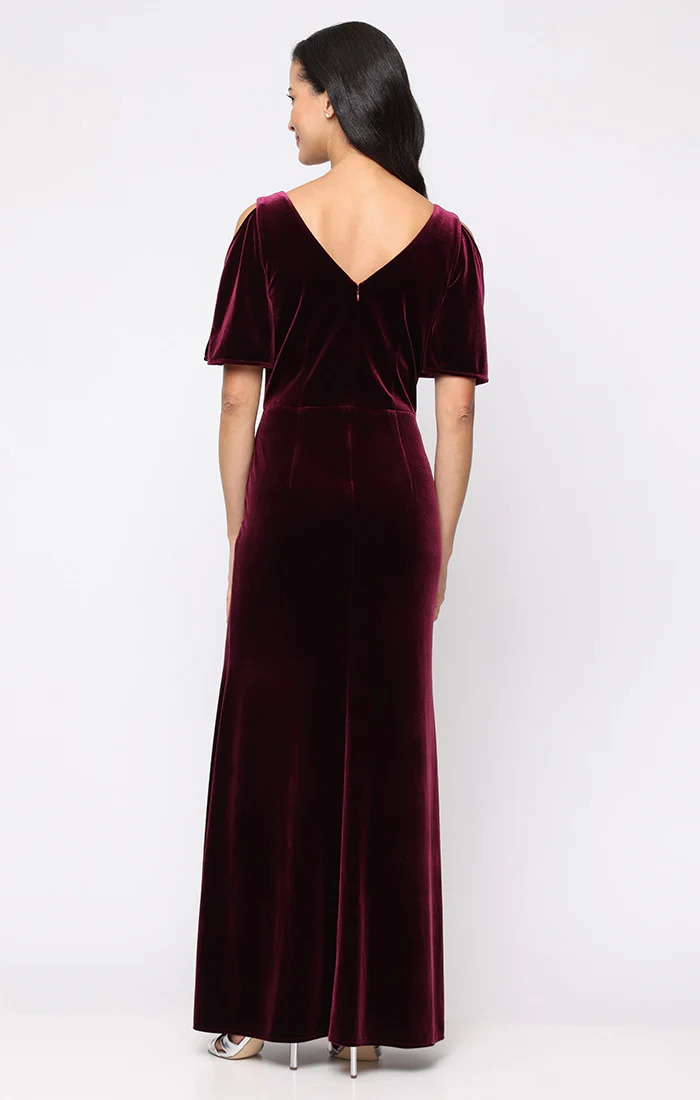 Long Stretch Velvet Mermaid Dress with V-Neckline and Short Cold Shoulder Sleeves - Image 3