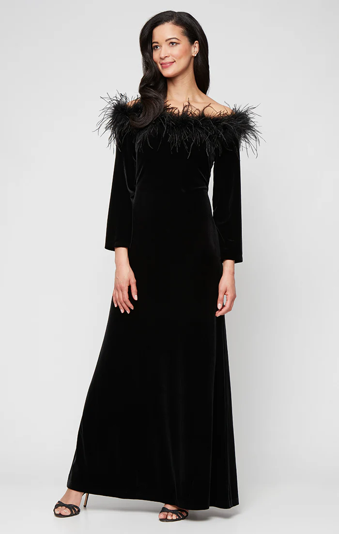 Long Stretch Velvet Off the Shoulder Dress with Maribou Neckline Detail