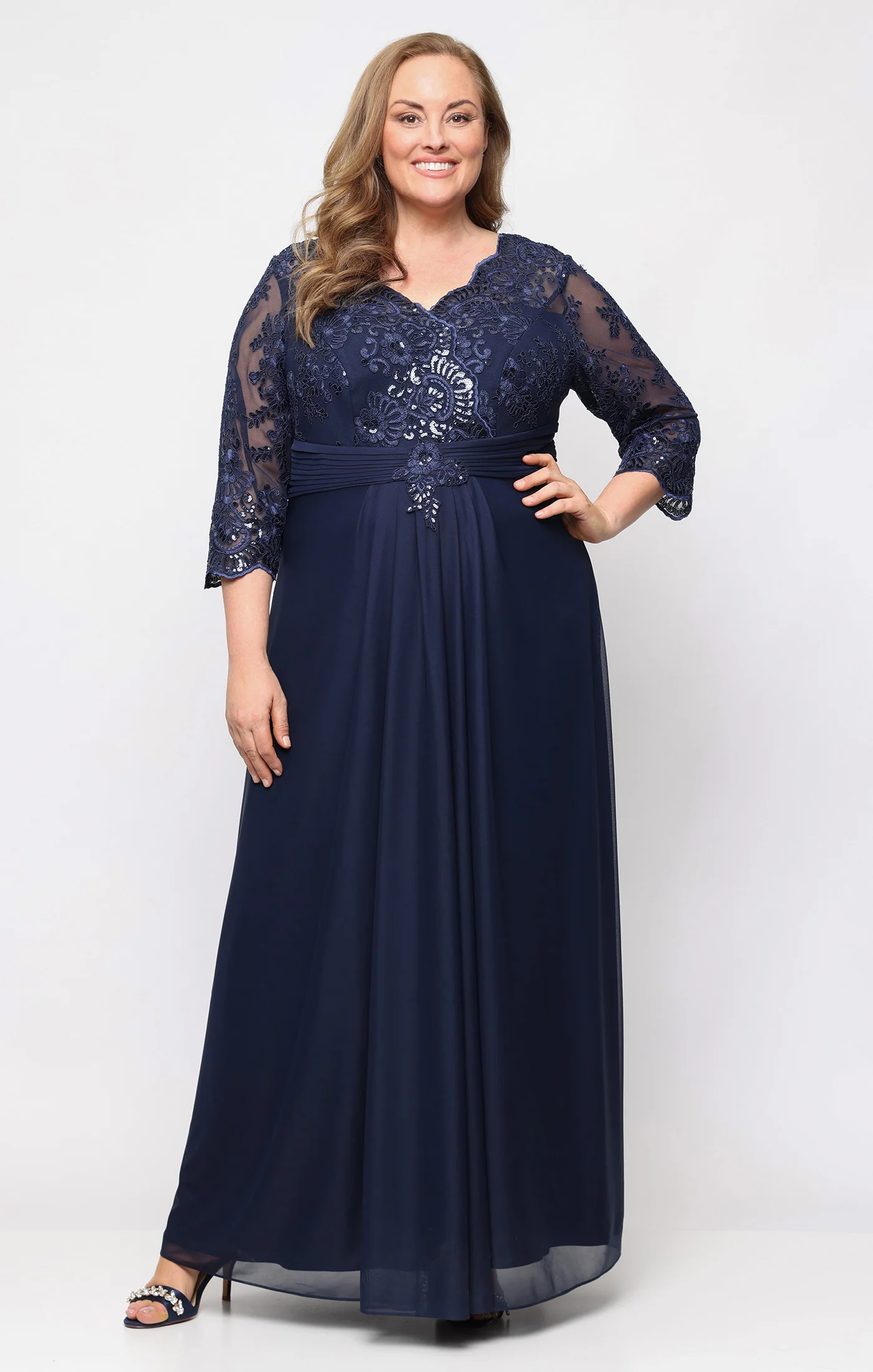 Plus Long A-Line Dress with Illusion Sleeves