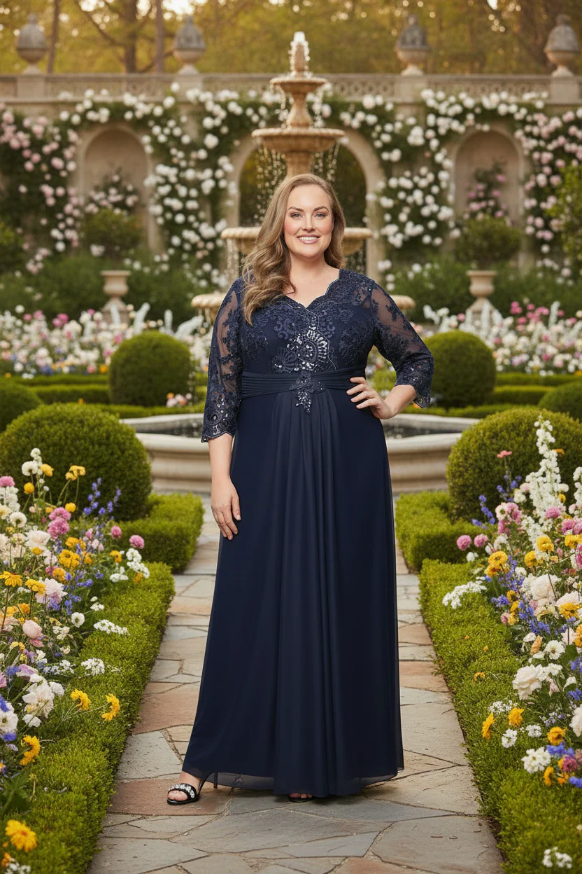 Plus Long A-Line Dress with Illusion Sleeves - Image 4