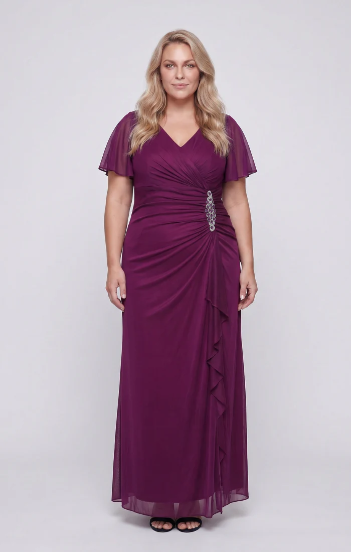 Plus Long Surplice Neckline Dress With Flutter Sleeves