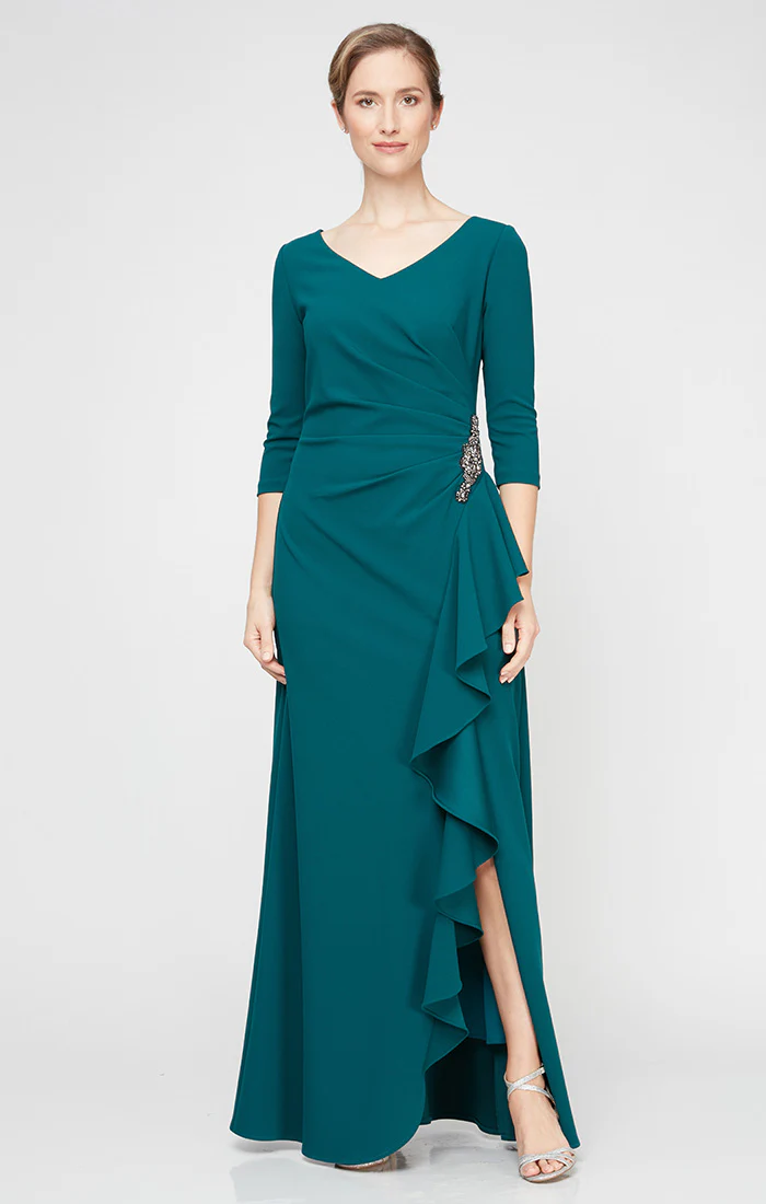 *Long V-Neck Dress With Cascade Detail Skirt - Image 4
