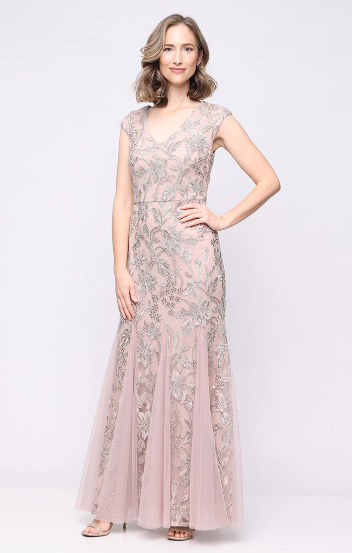 V-Neck Embroidered Dress with Godet Detail Skirt and Shawl - Image 3