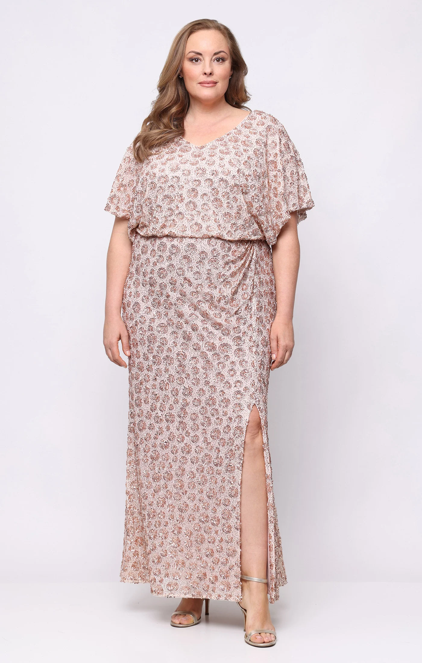 Plus Long V-Neck Sequin Dress with Flutter Sleeves
