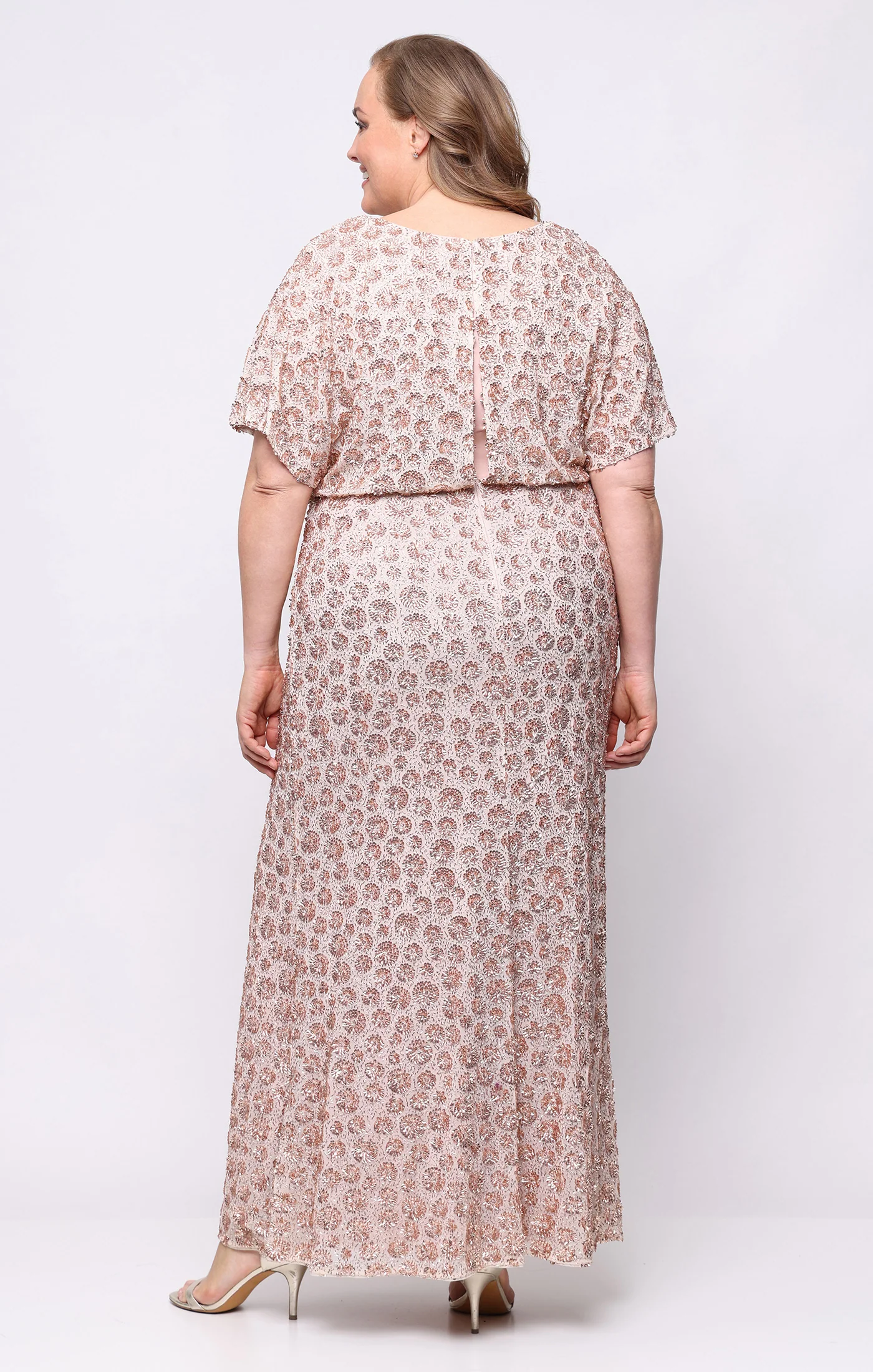 Plus Long V-Neck Sequin Dress with Flutter Sleeves - Image 3