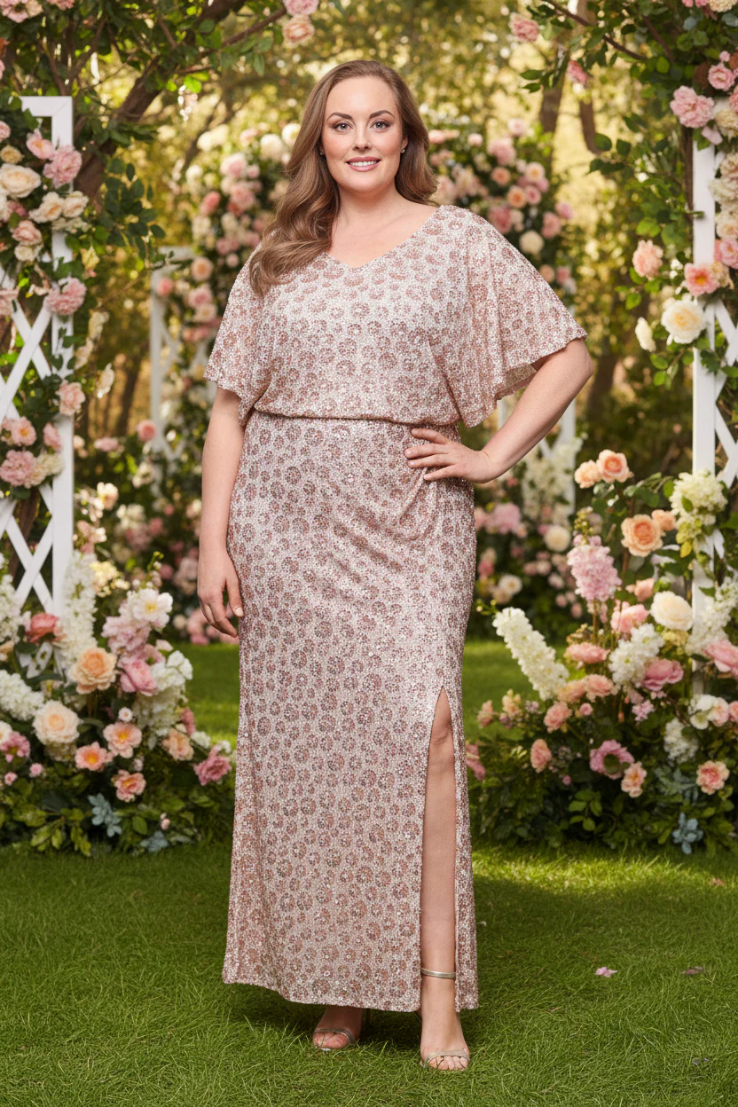 Plus Long V-Neck Sequin Dress with Flutter Sleeves - Image 4