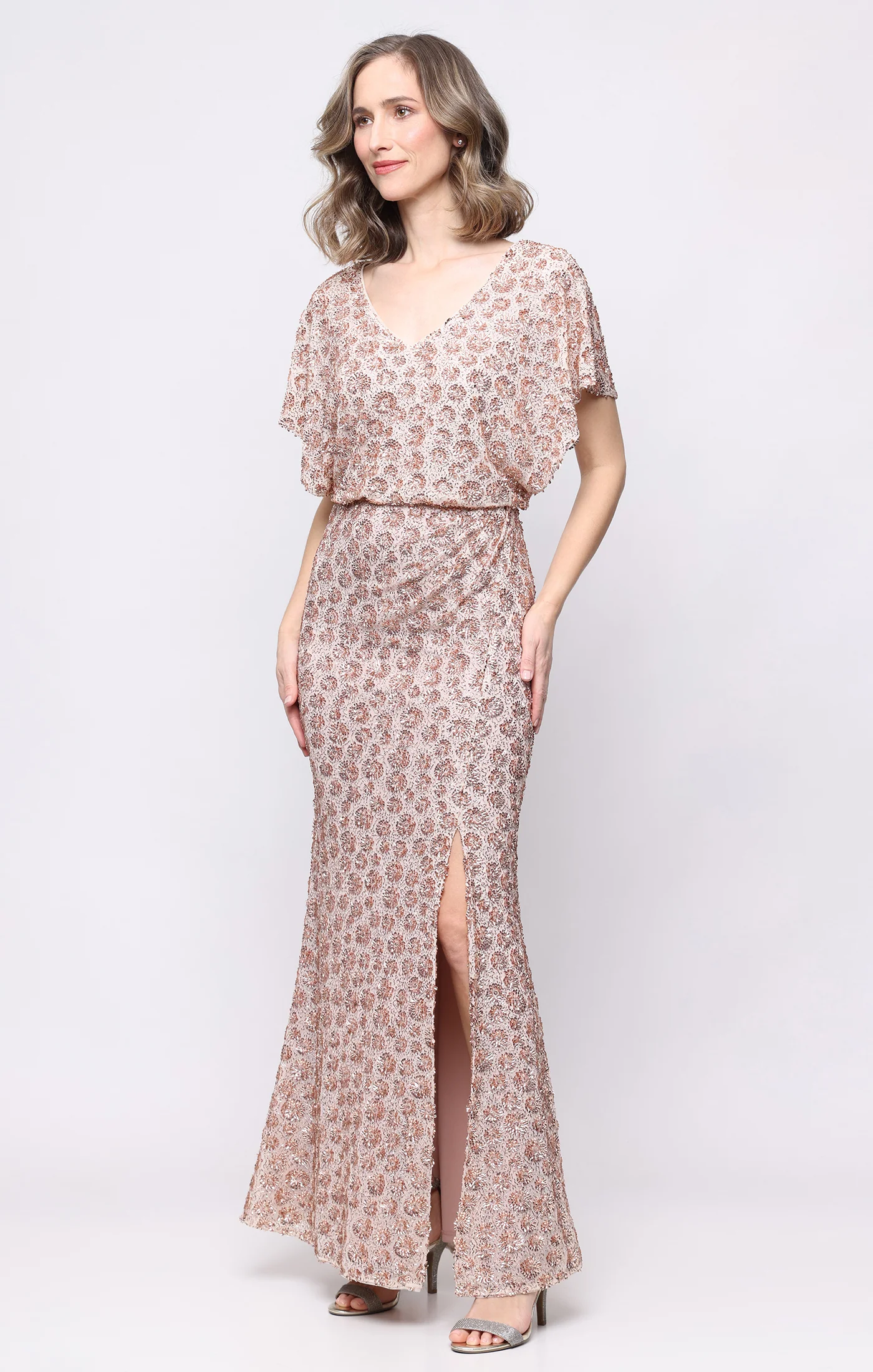 Long V-Neck Sequin Dress with Flutter Sleeves
