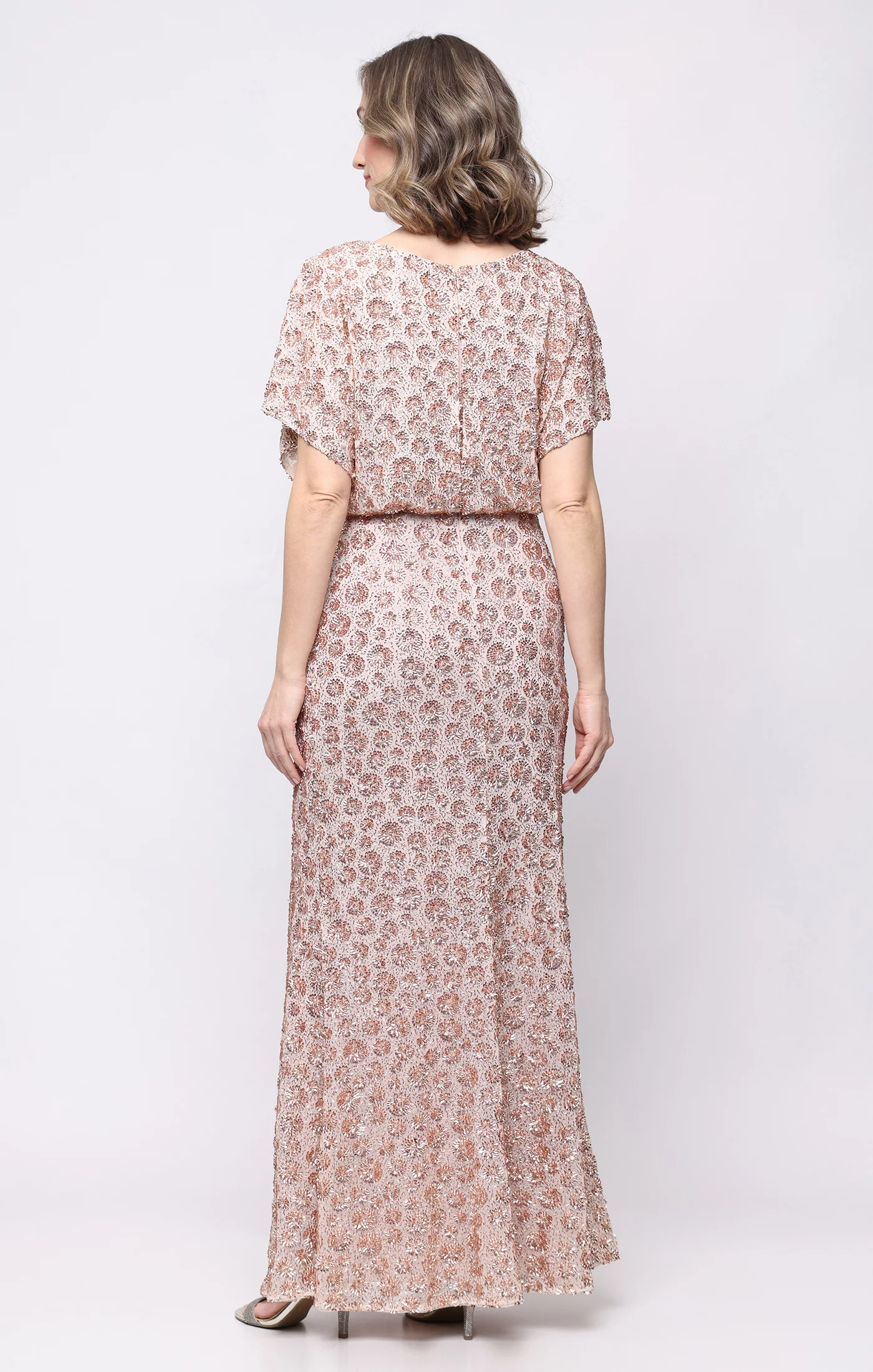 Long V-Neck Sequin Dress with Flutter Sleeves - Image 3