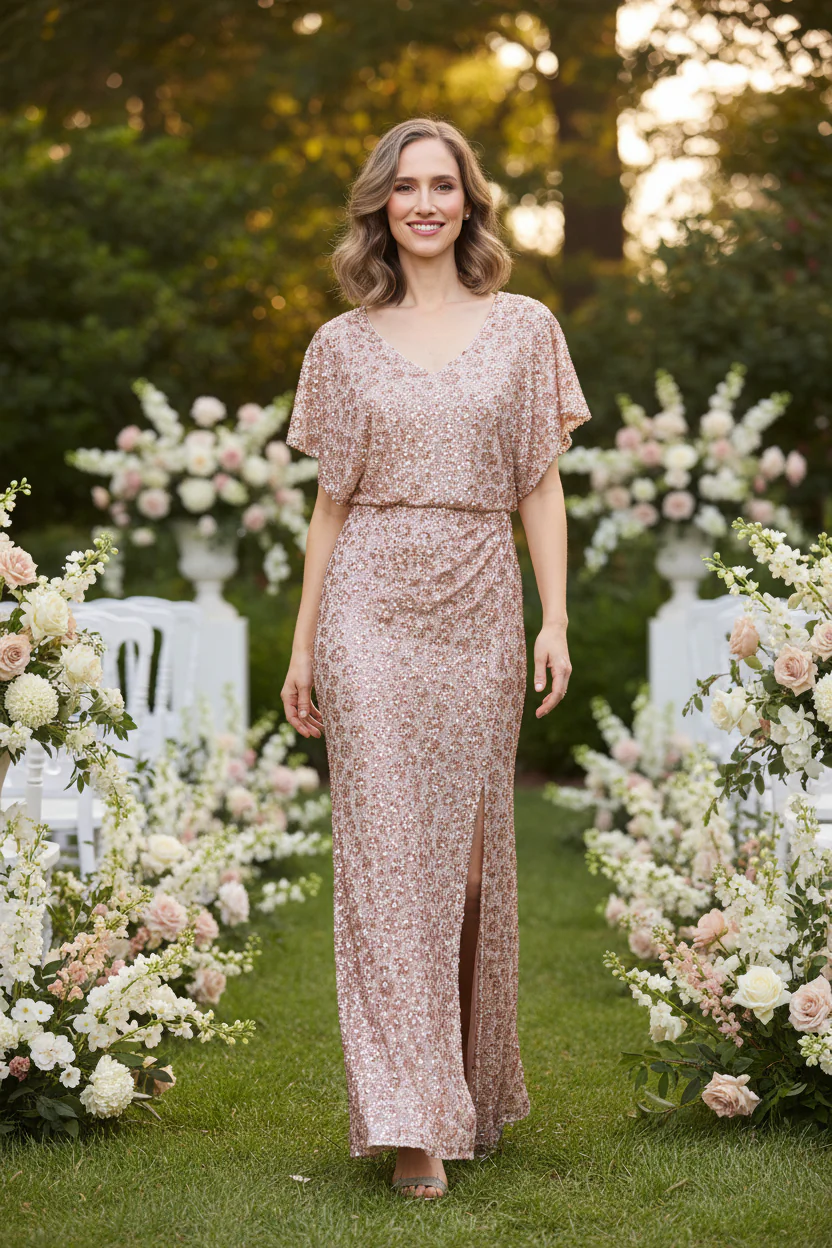 Long V-Neck Sequin Dress with Flutter Sleeves - Image 4