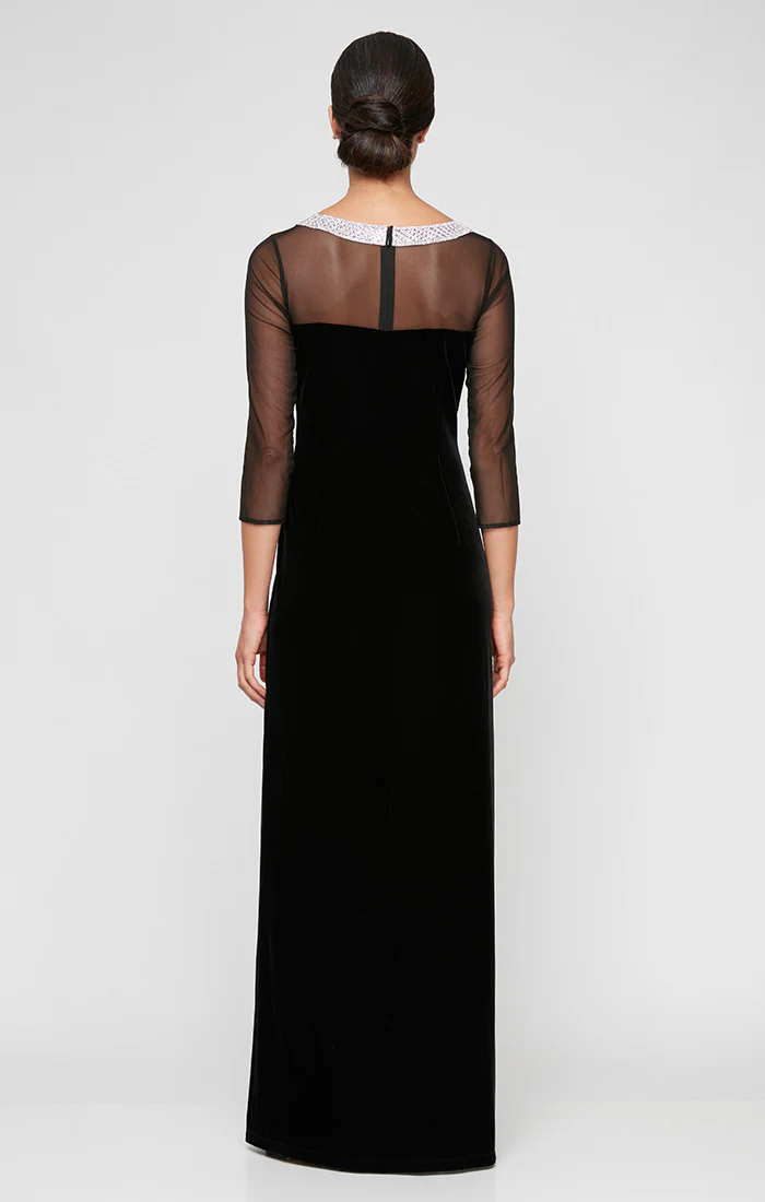 Regular - Long Velvet 3/4 Sleeve Side Ruched Dress with Embellished Neckline - Image 2
